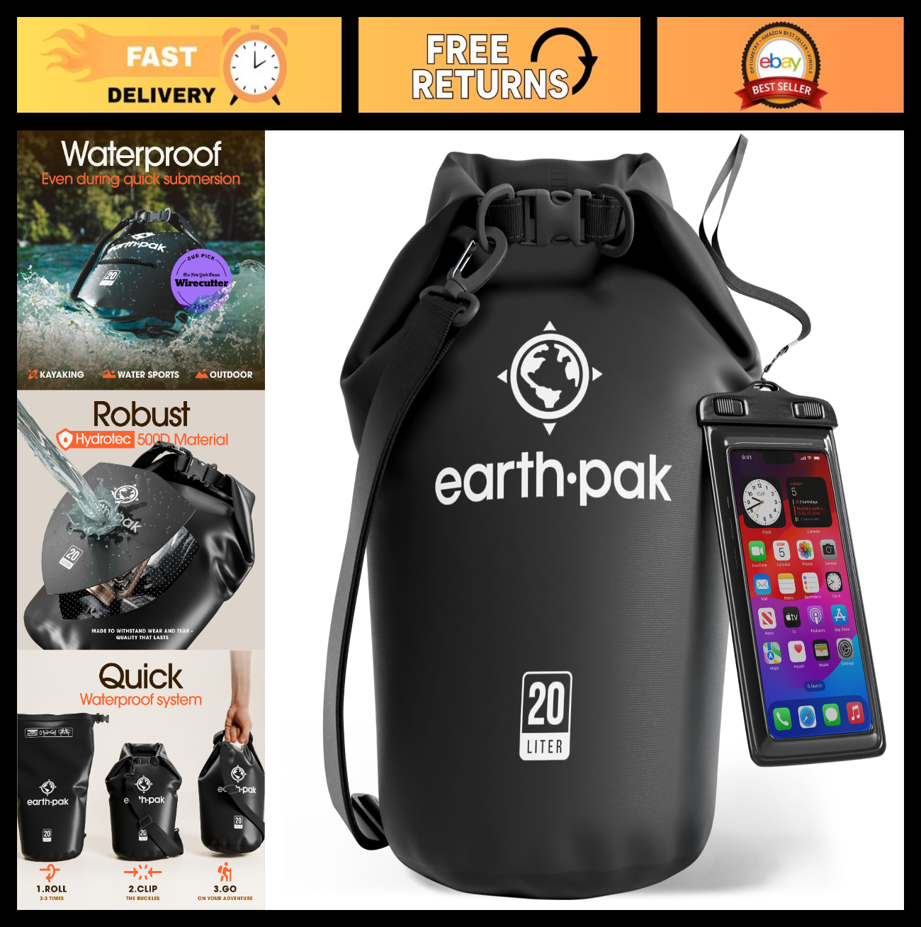 Waterproof Dry Bag Backpack   Roll Top Sack for Kayaking & Outdoor Gear + Phone0