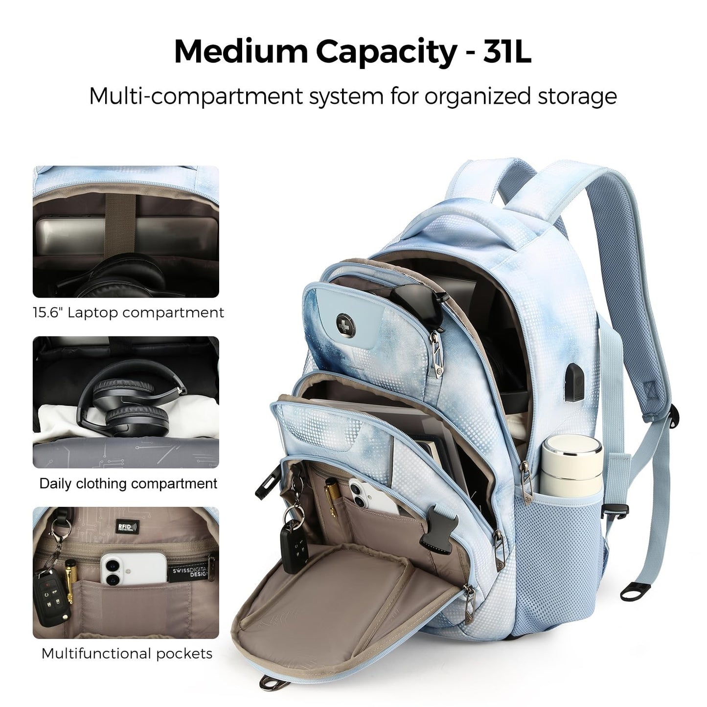31L Laptop Backpack with USB Charging Port, Waterproof Travel Bag for Men4