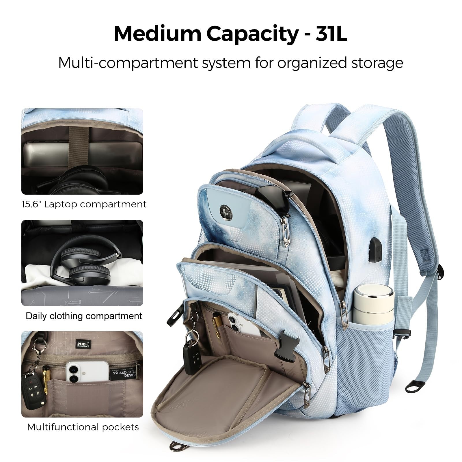 31L Laptop Backpack with USB Charging Port, Waterproof Travel Bag for Men4