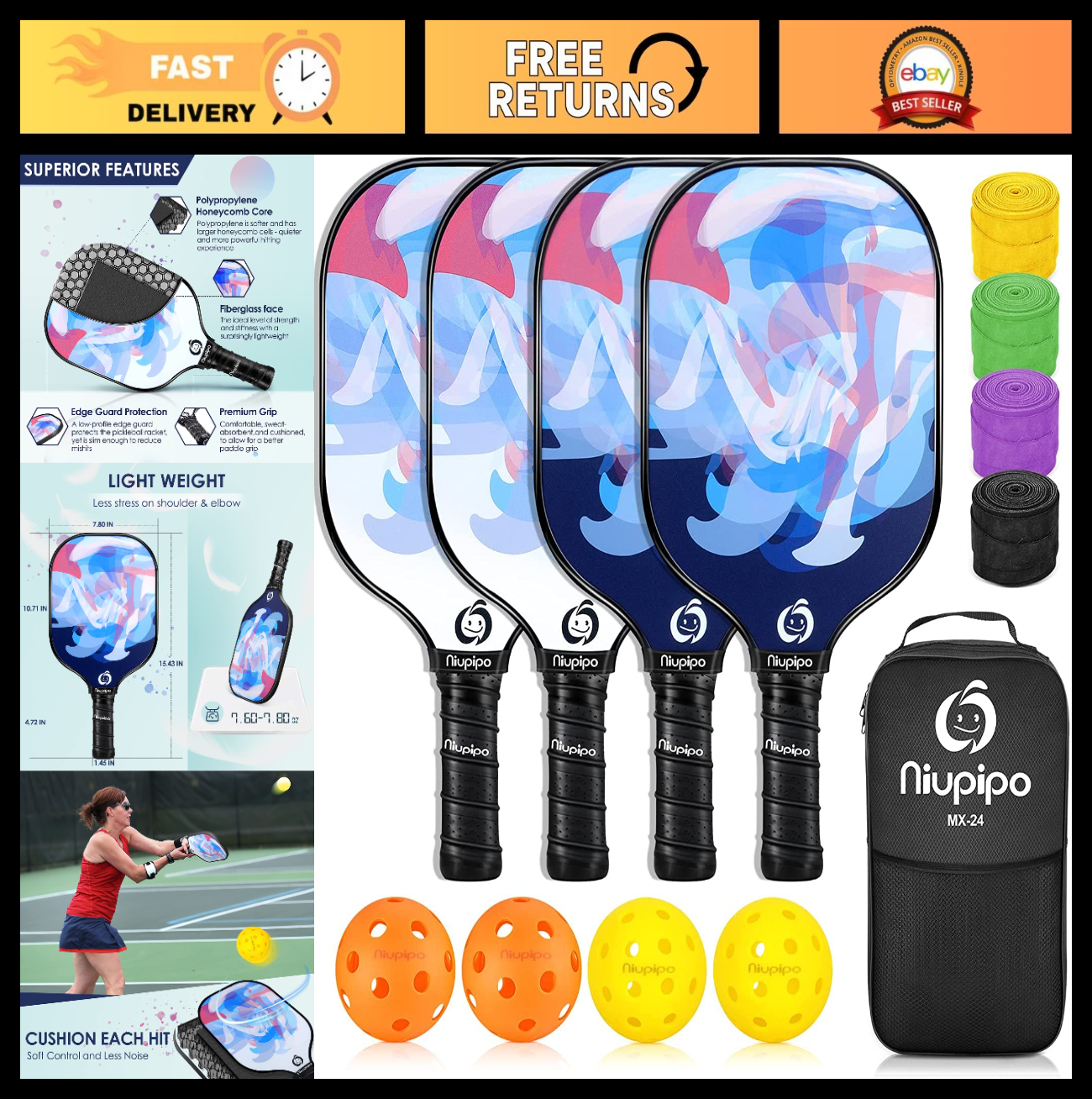 Pickleball Paddle Set of 2 or 4 - USAPA Approved, Lightweight Fiberglass with Ba0