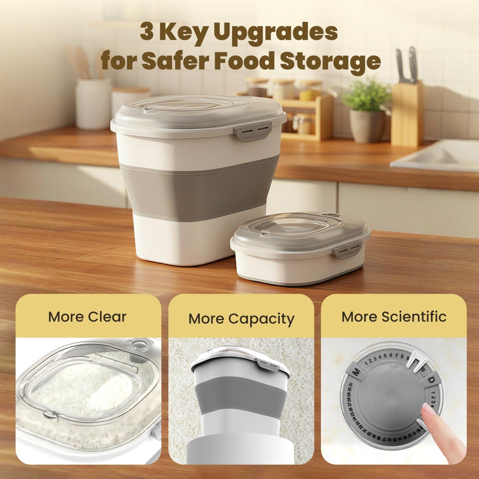 50Lbs Collapsible Airtight Rice Storage Container, Food Organizer, Space Saving5