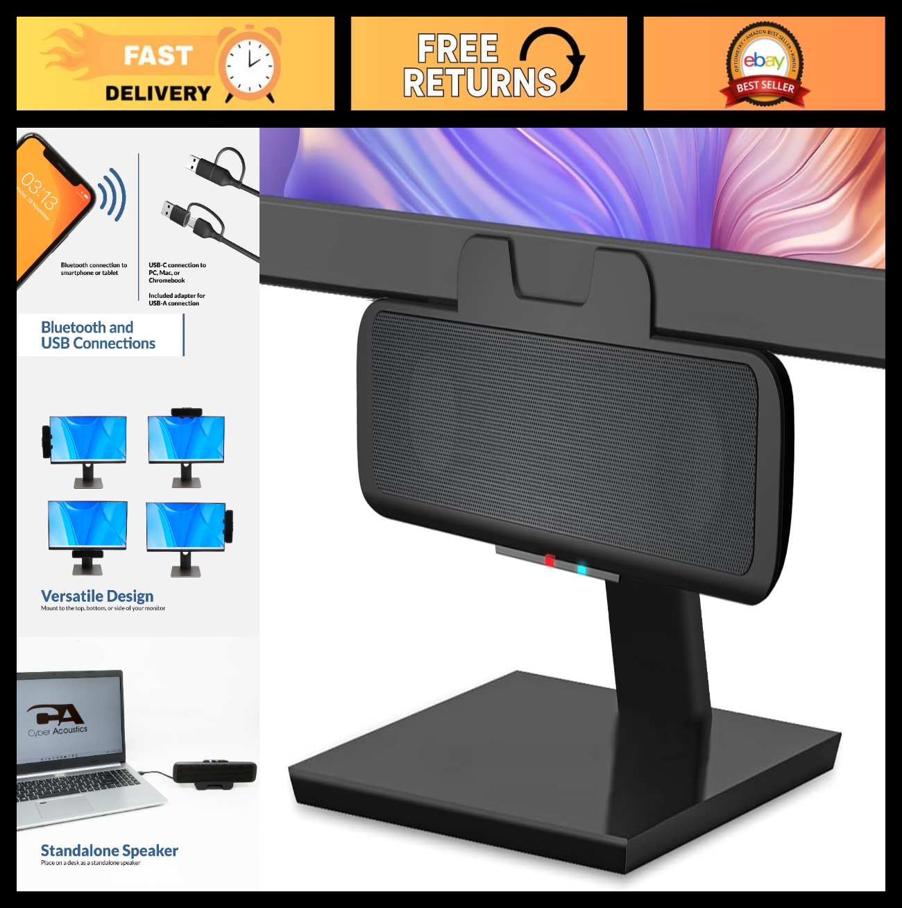 USB & Bluetooth Speaker Bar   USB Powered, Speakerphone for PC, Clamps to Monito0