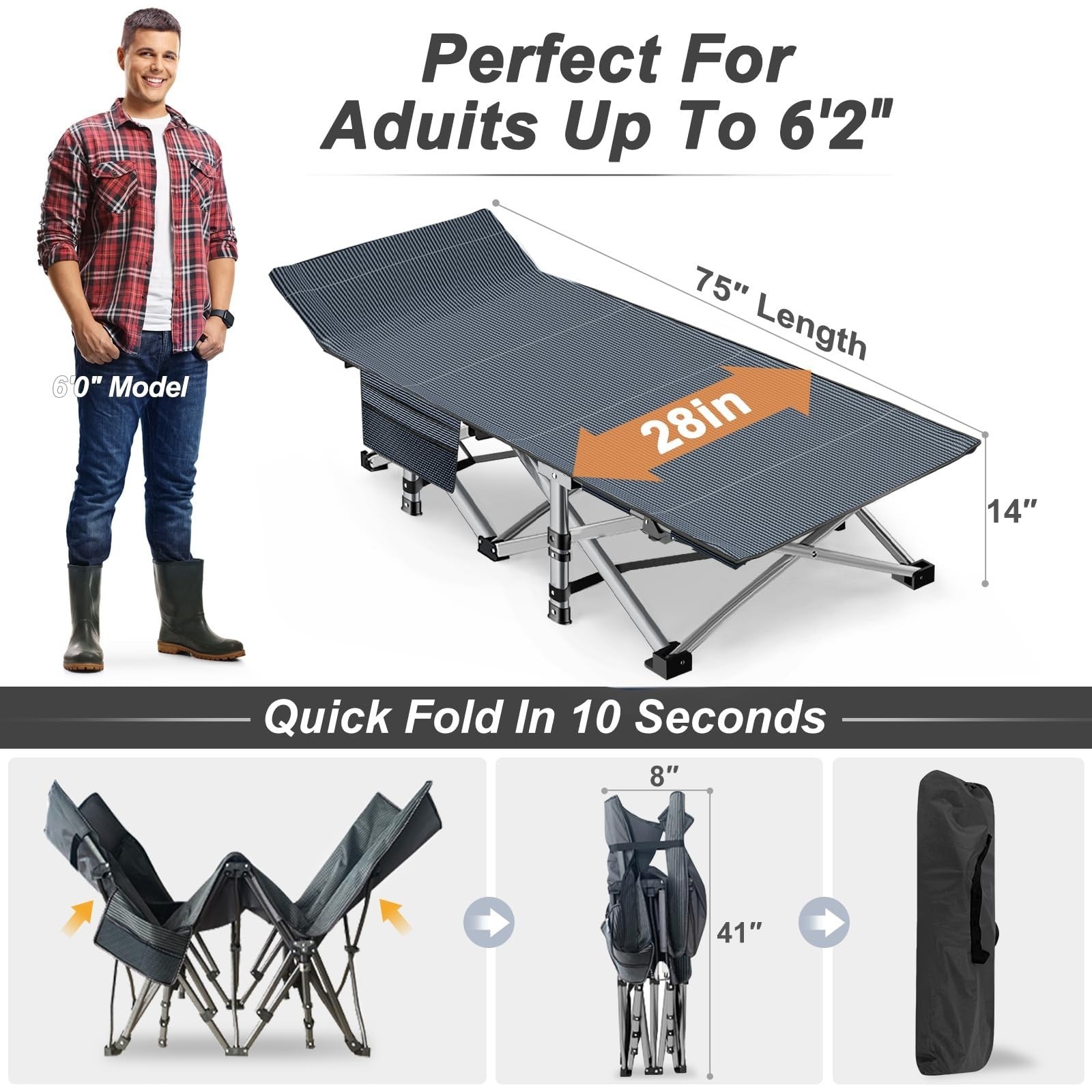 Folding Camping Cot for Adults   28" Wide, Heavy Duty Steel Frame, 800 lbs Capac2