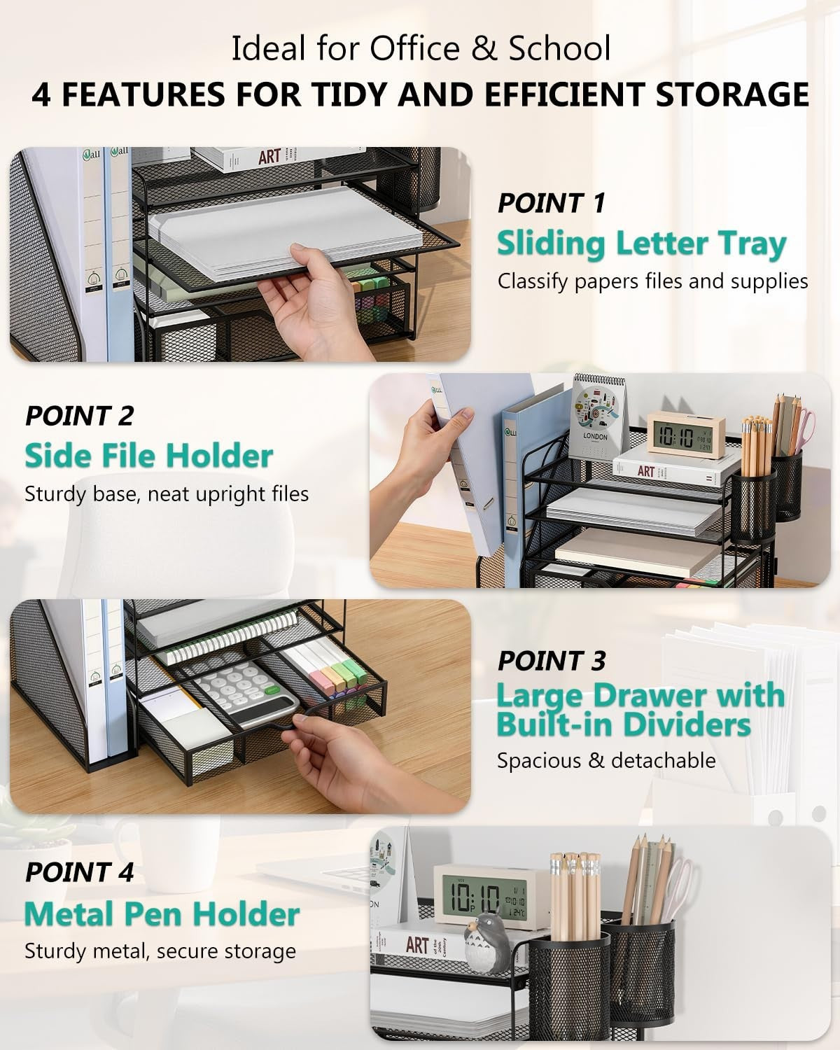 4 Tier Desktop File Organizer with Drawer & Pen Holders   Office Desk Accessorie4