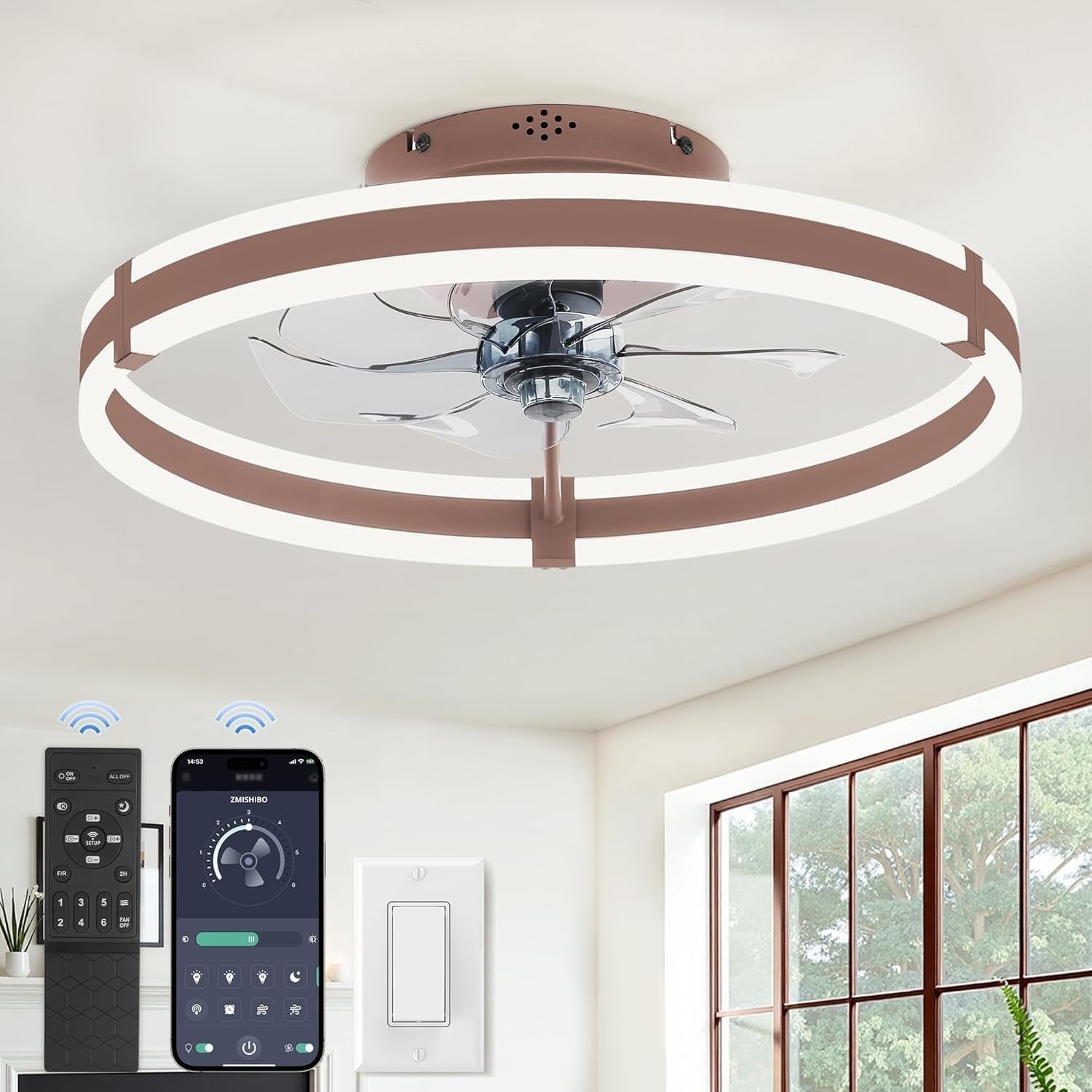 Modern Flush Mount Ceiling Fan with Lights & Remote, 19.7'' Low Profile, Dimmabl1
