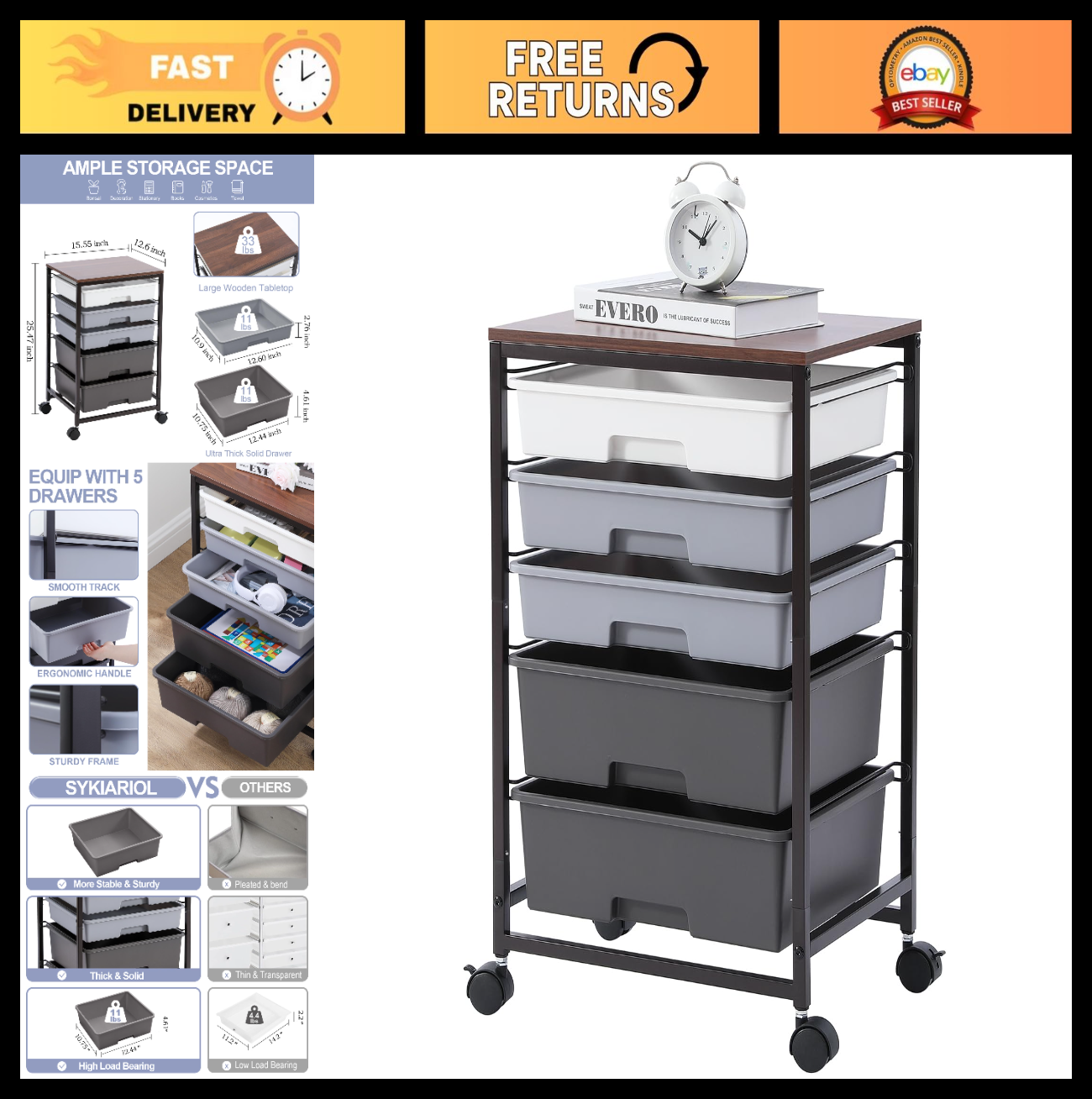 5 Drawer Utility Cart with Wooden Top, Lockable Wheels, Rolling Storage Trolley,0
