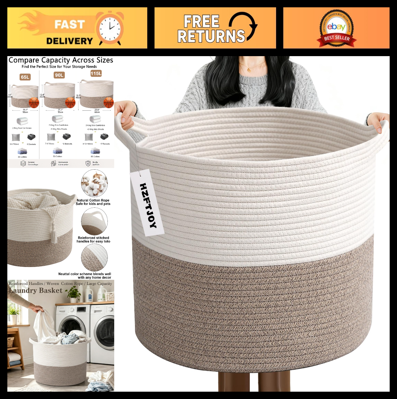 Extra Large Woven Laundry Basket - 115L Collapsible Storage Bin for Clothes, Toy0