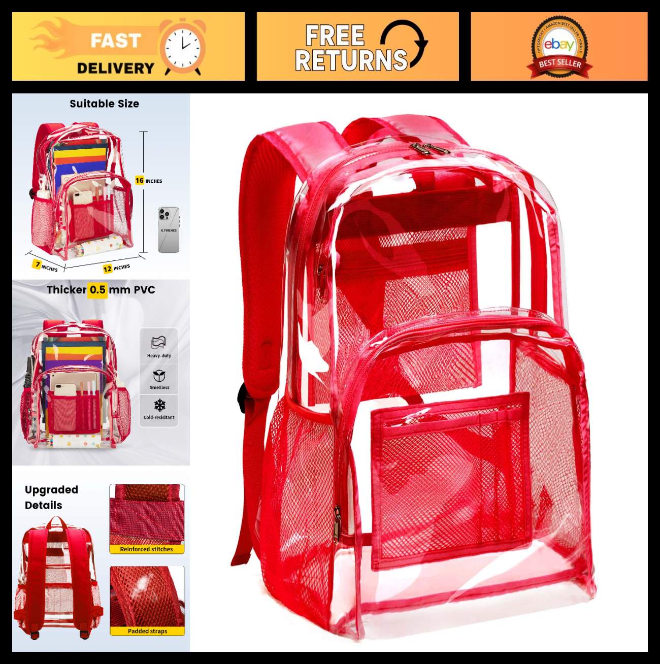 Clear PVC Backpack, Heavy Duty Transparent Bag with Reinforced Straps, Large Cap0