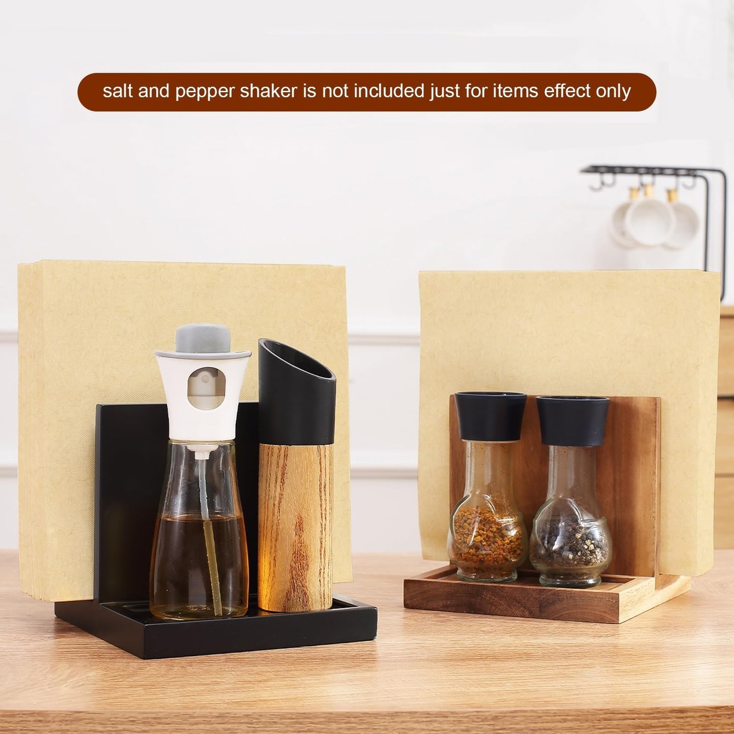 Wooden Napkin Holder with Salt & Pepper Shakers Caddy - Kitchen, Bar, Office Déc4