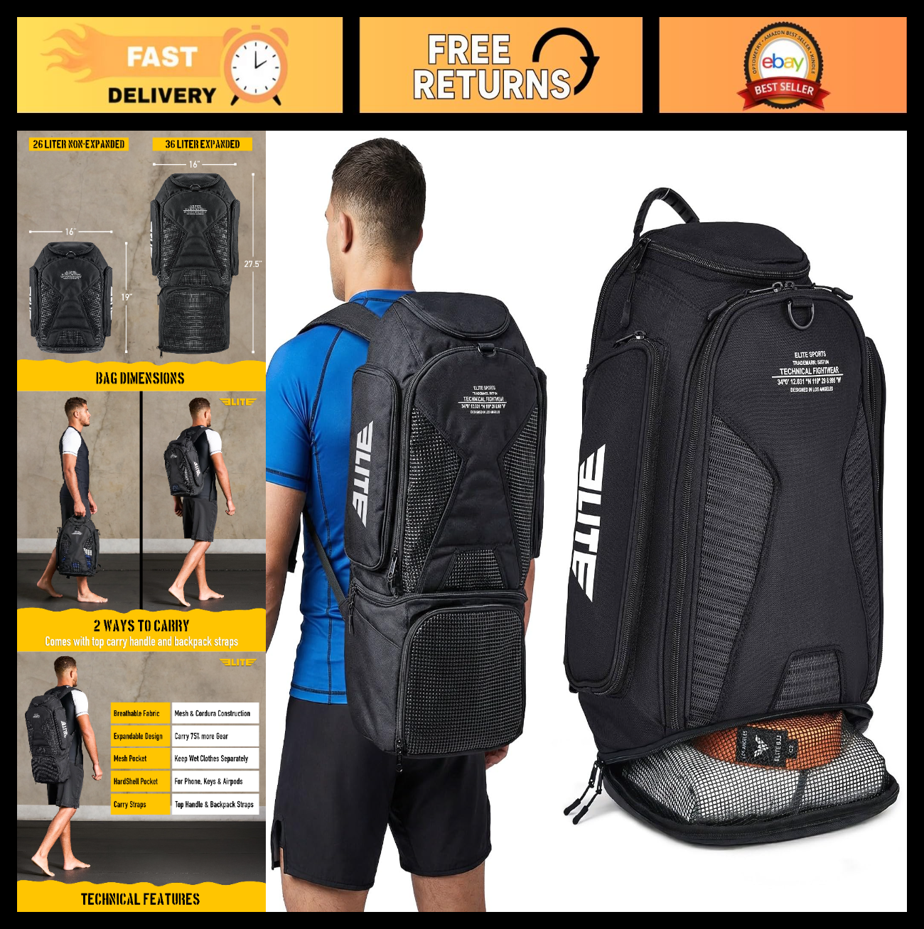 Expandable Gym Duffel Backpack for MMA, BJJ, Jiu Jitsu, Boxing Gear   Athletic B0
