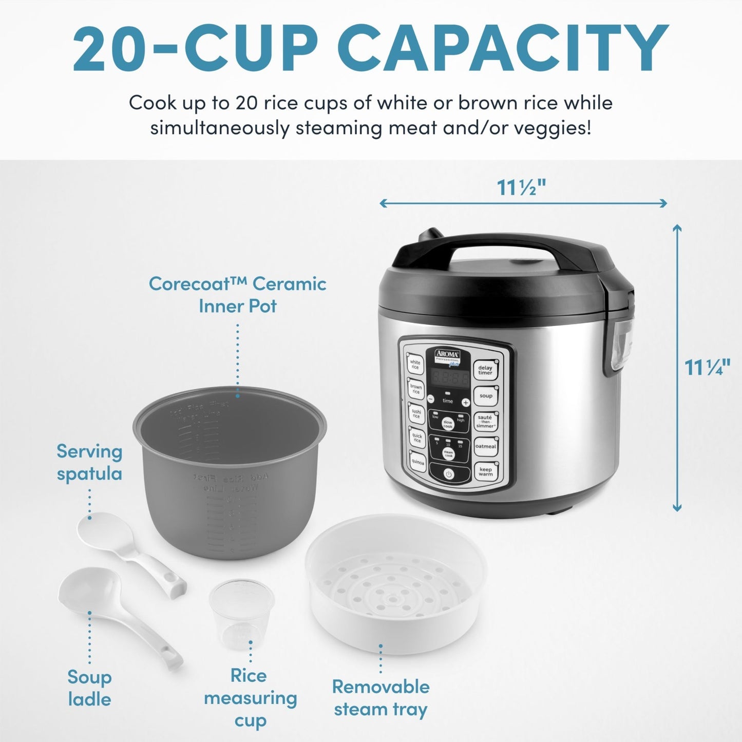 20-Cup Digital Rice Cooker & Food Steamer - Stainless Steel, Nonstick Pot, Slow2