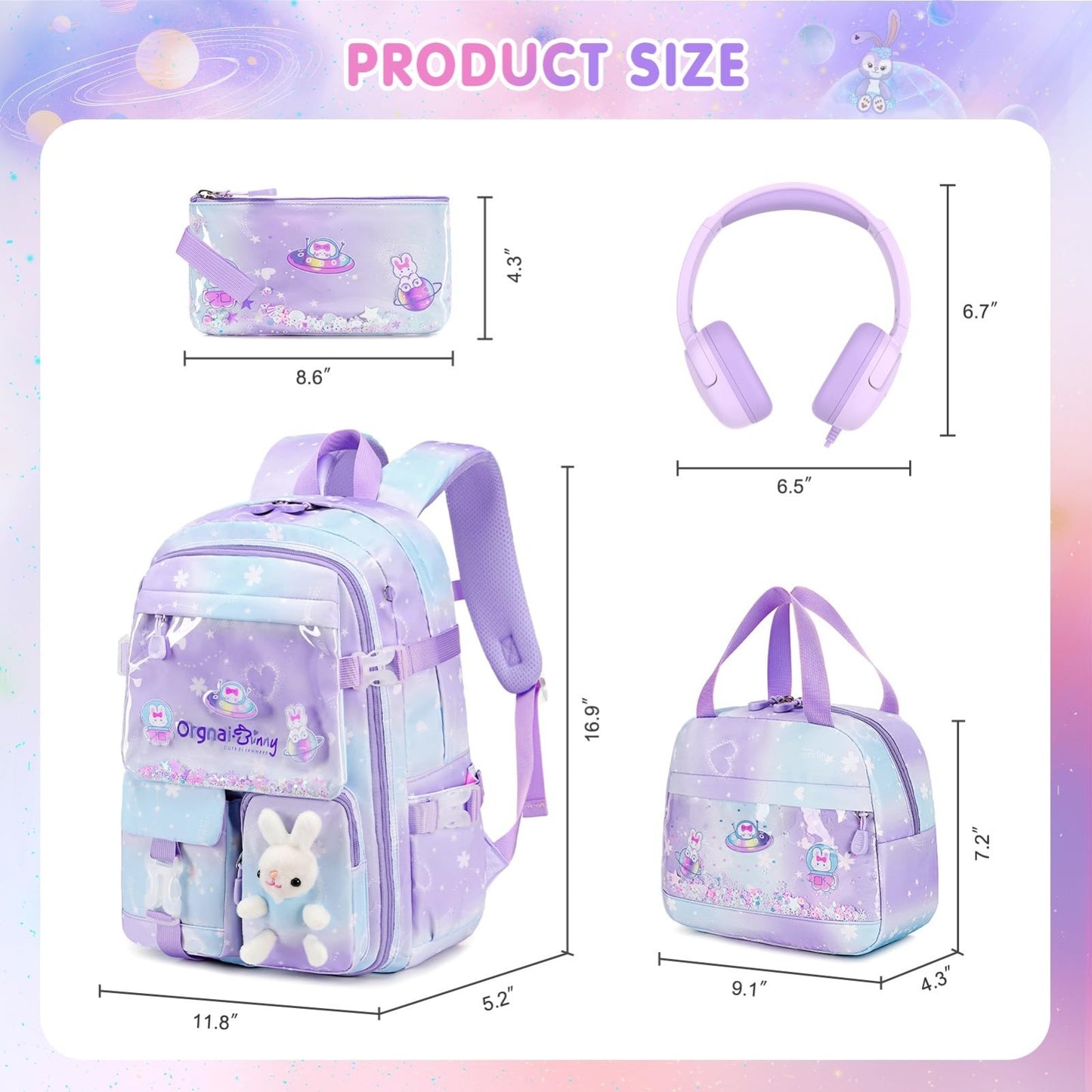 Kawaii Bunny Girls Backpack Set 4PCs   School Bag with Lunch Box & Headphones2