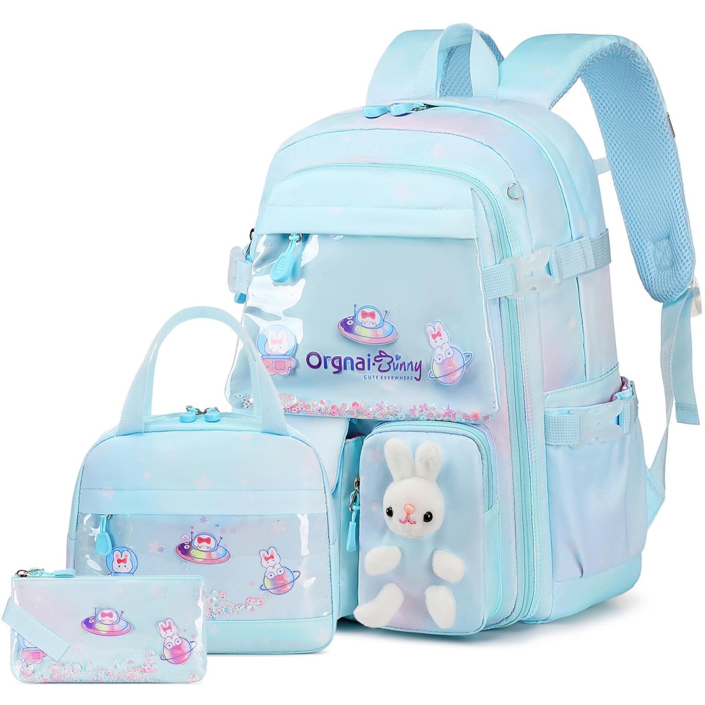 Kawaii Bunny Girls Backpack Set   3PCS School Bag, Lunch Box & Pencil Case, Drea0