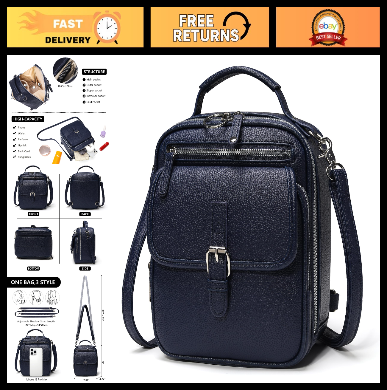 Vegan Leather Crossbody Bag for Women - Vintage Anti-Theft Messenger Purse with0