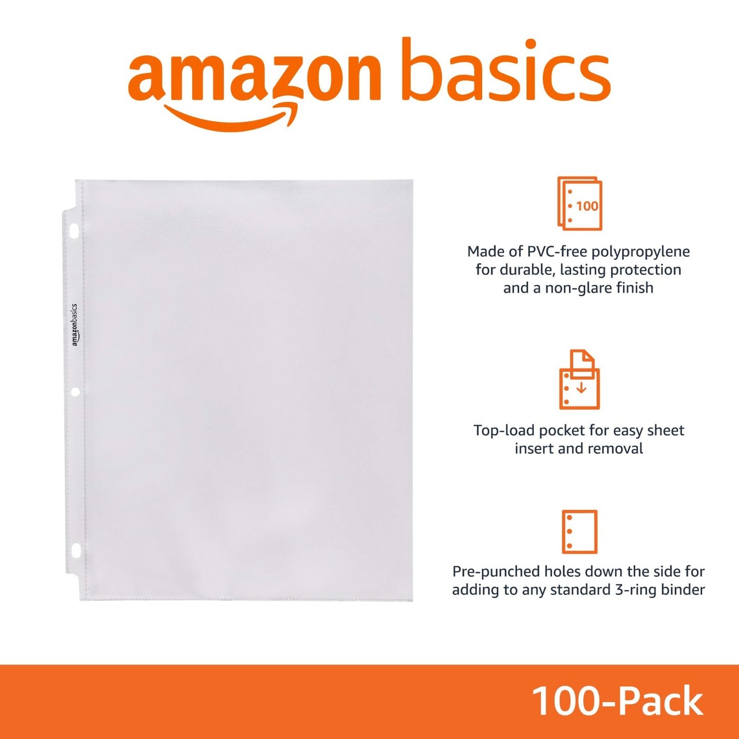 Clear Sheet Protectors for 3 Ring Binder, Non Glare, Top Loading, 100 Pack, Lett3