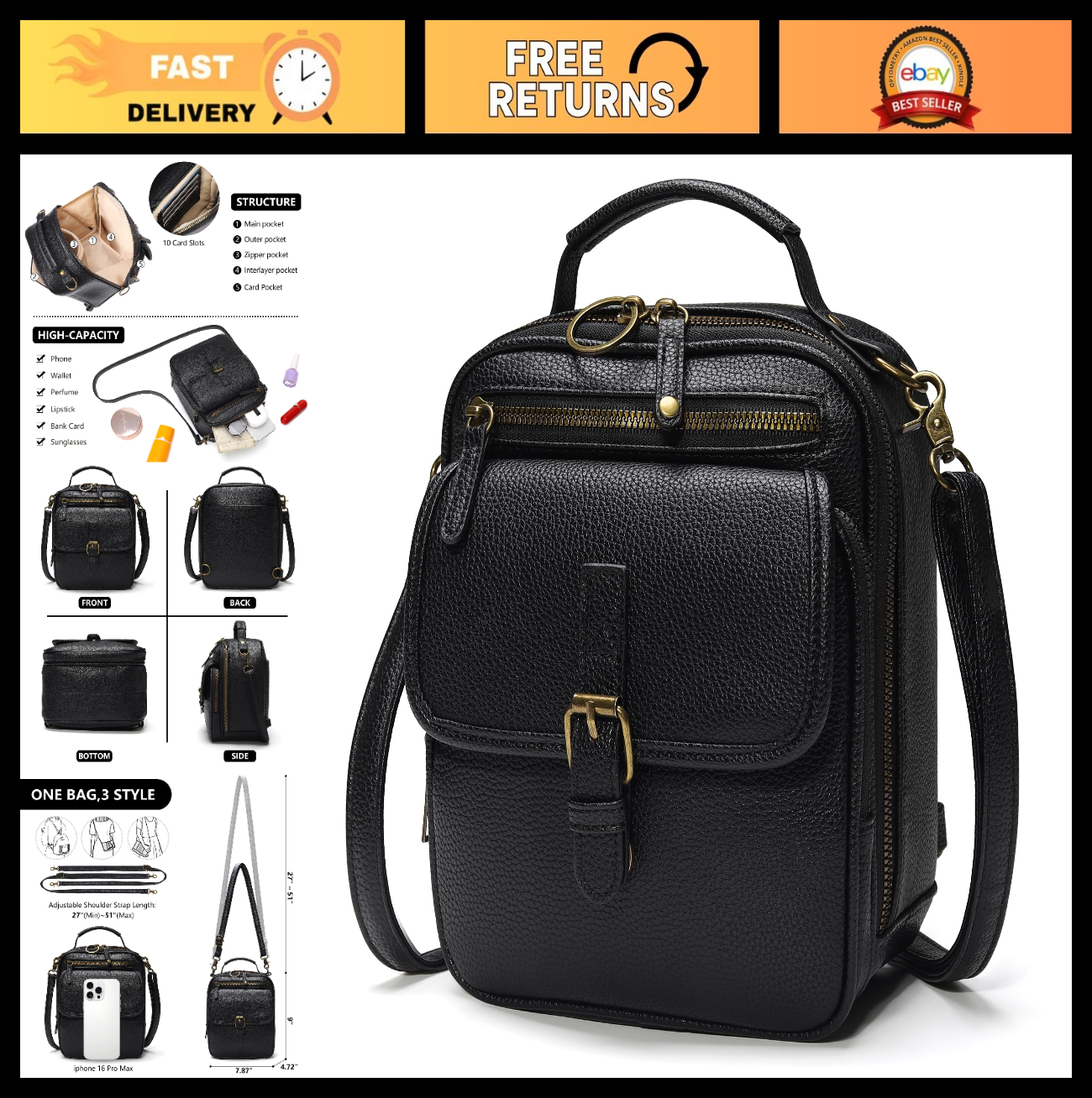 Vegan Leather Crossbody Bags for Women - Vintage Anti-Theft Messenger Purse with0