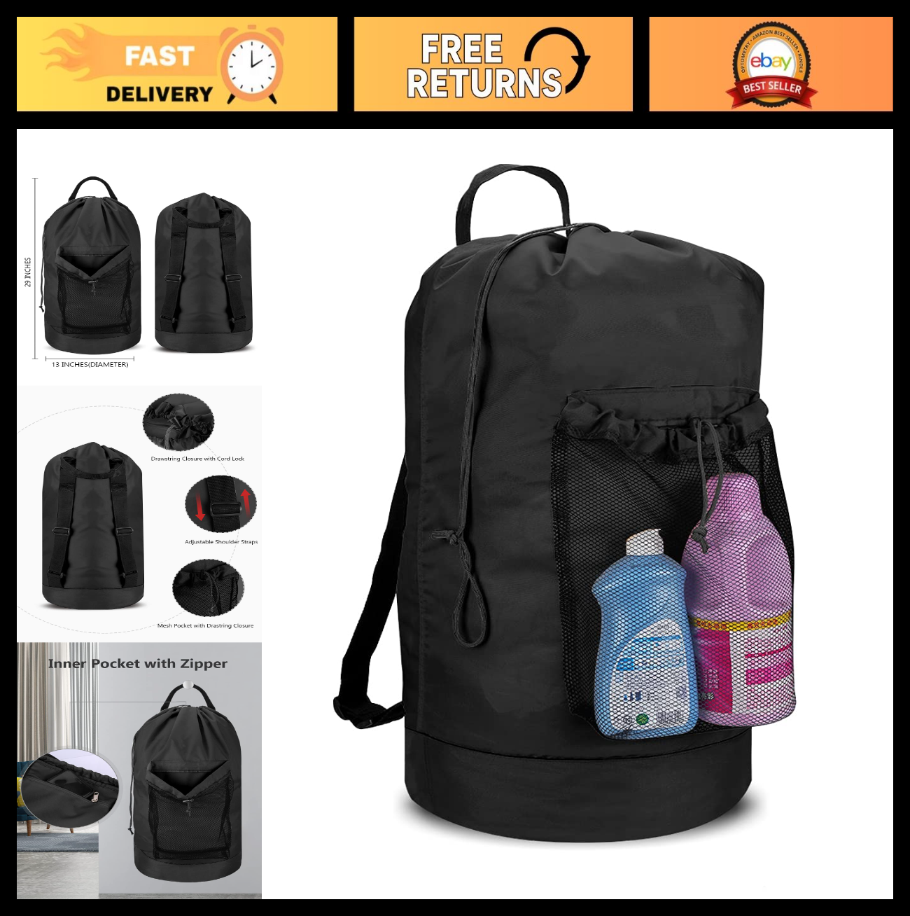 Optimized eBay Title:  Durable Laundry Backpack with Shoulder Straps, Mesh Pock0