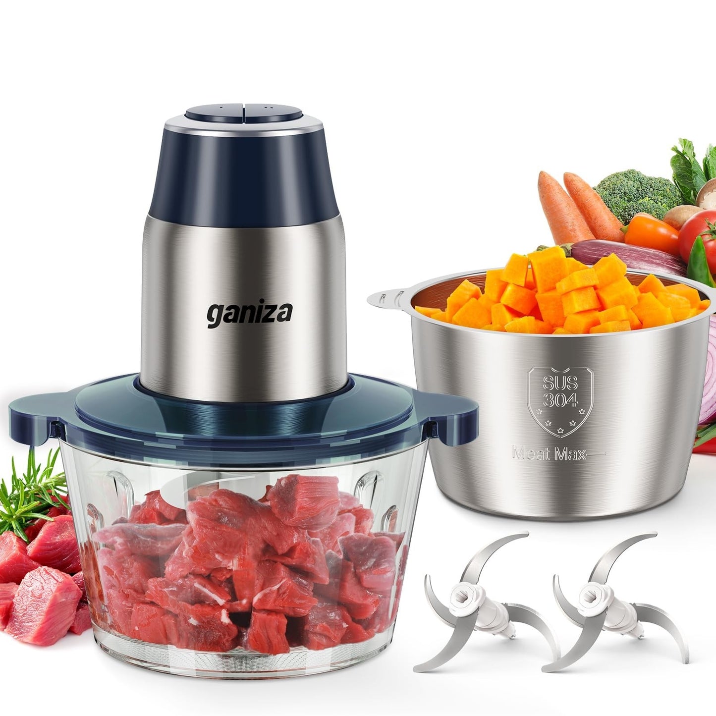 Food Processor with 2 Bowls, 450W Meat Grinder & Vegetable Chopper, Multi-Functi1