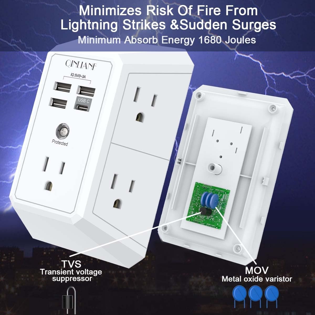 5 Outlet Wall Charger Surge Protector with 4 USB Ports, 3 Sided Power Strip for4