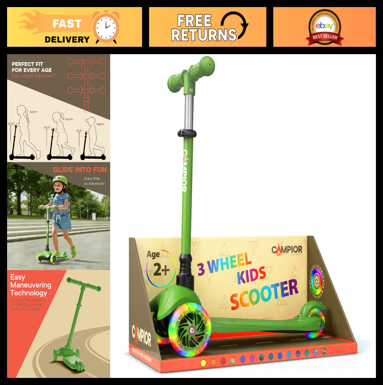 Green Mini 3-Wheel Kids Scooter - LED Light-Up Wheels, Adjustable Handlebar, Ant0