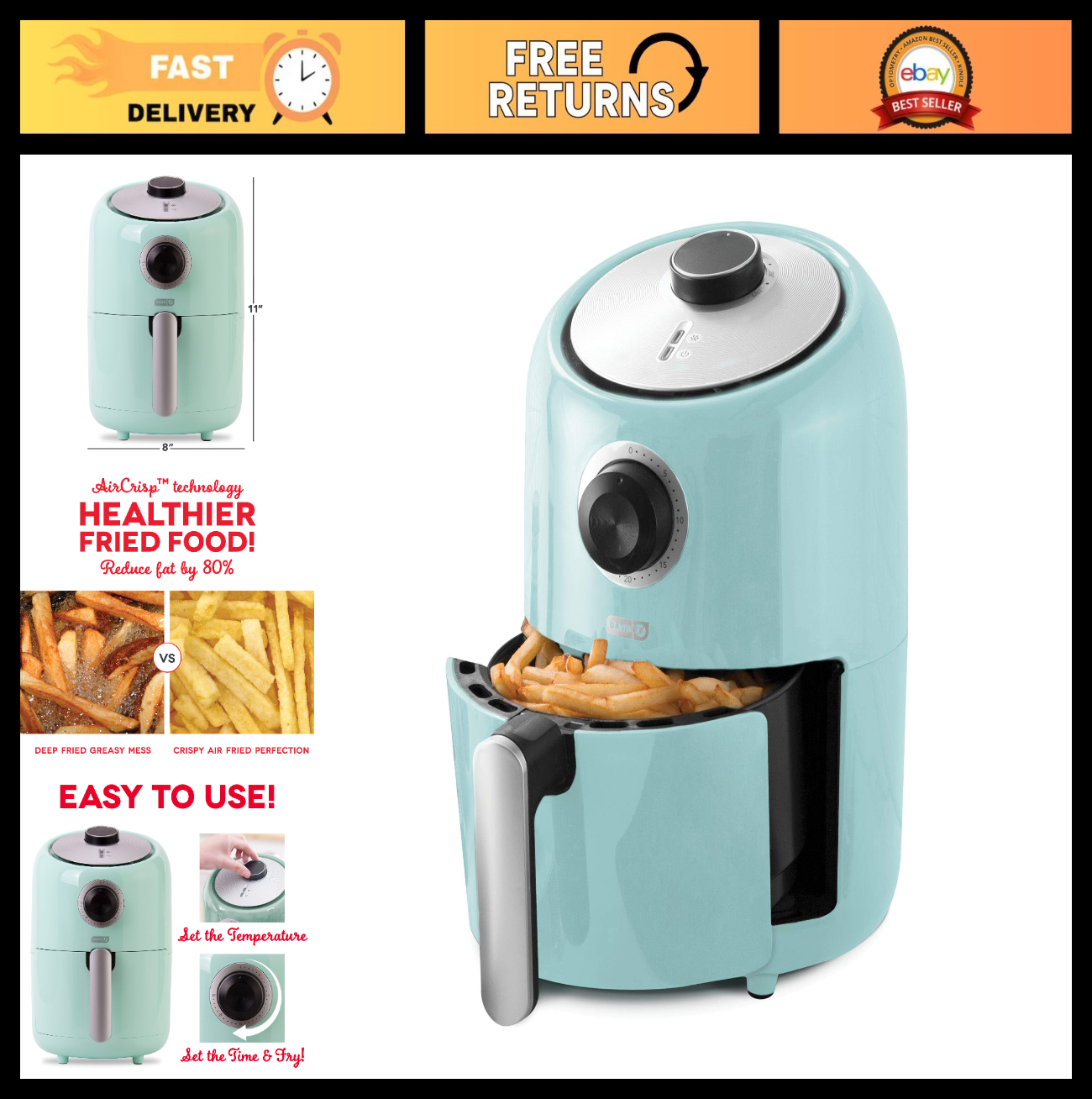 Compact Air Fryer 2 Quart - Healthy Cooking, Auto Shut-Off, Adjustable Temp, Non0