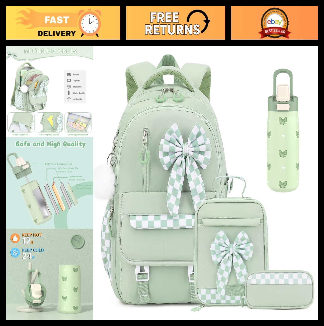 Stylish Girls Backpack Set 4PCS with 14oz Water Bottle, Lunch Bag & Pencil Case0