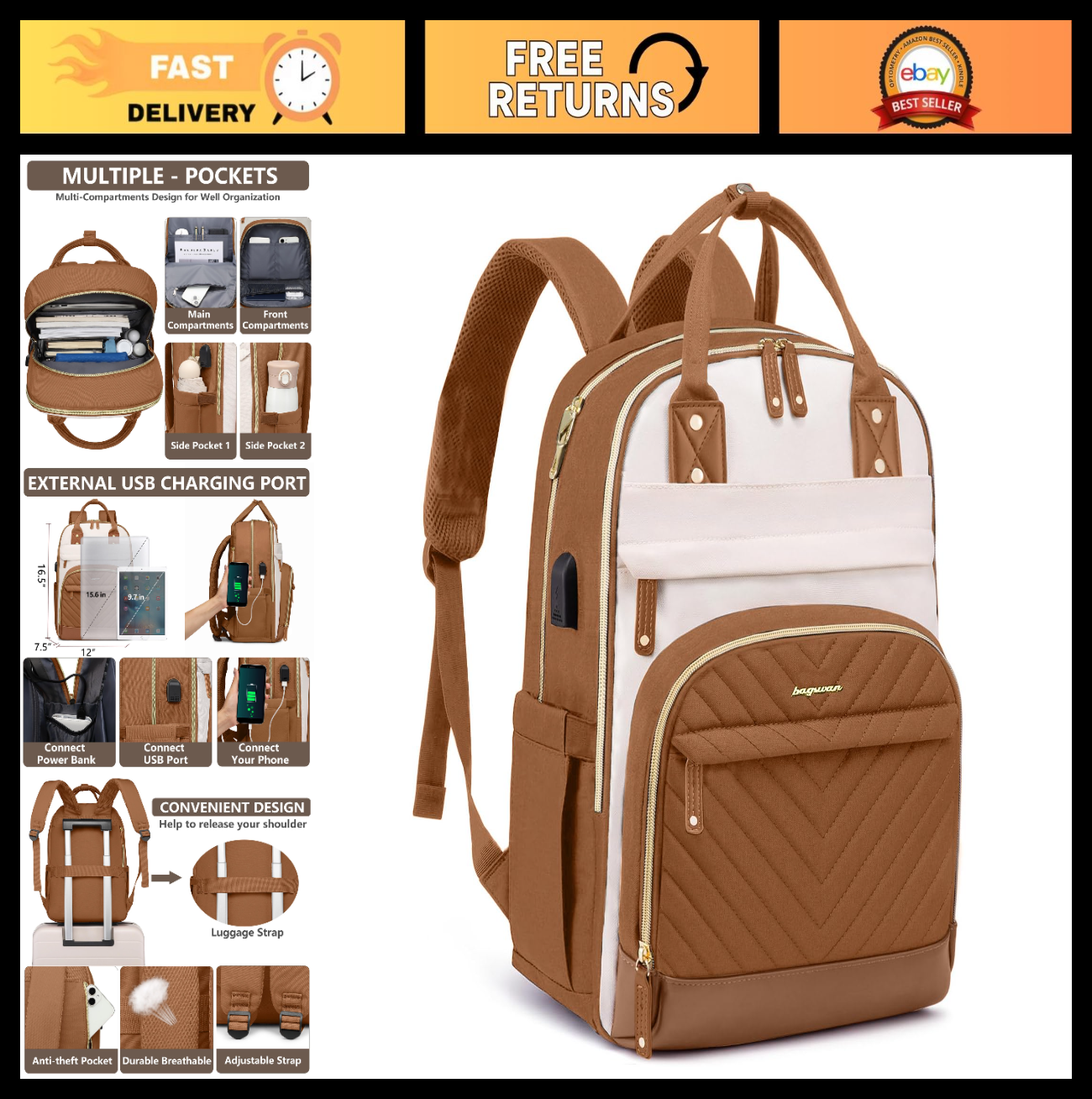 Stylish 15.6" Laptop Backpack for Women   Waterproof Travel Bookbag with USB Cha0