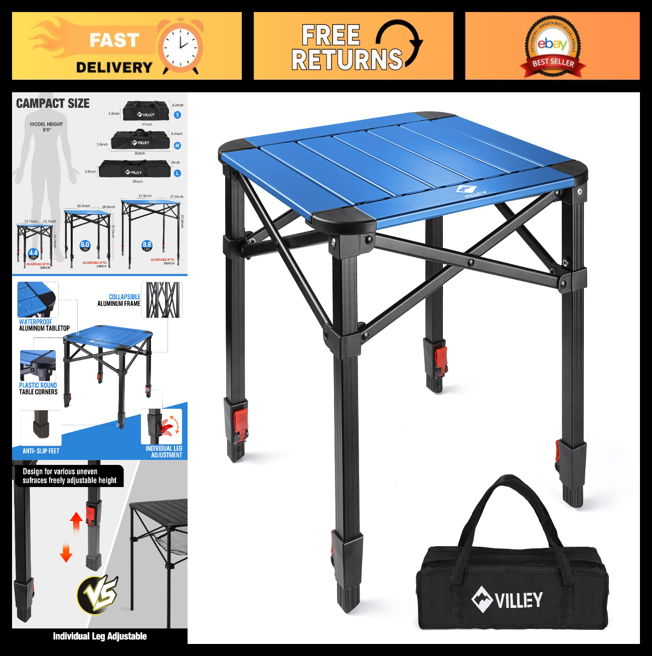 Lightweight Adjustable Folding Camping Table with Carry Bag - Perfect for Outdoo0
