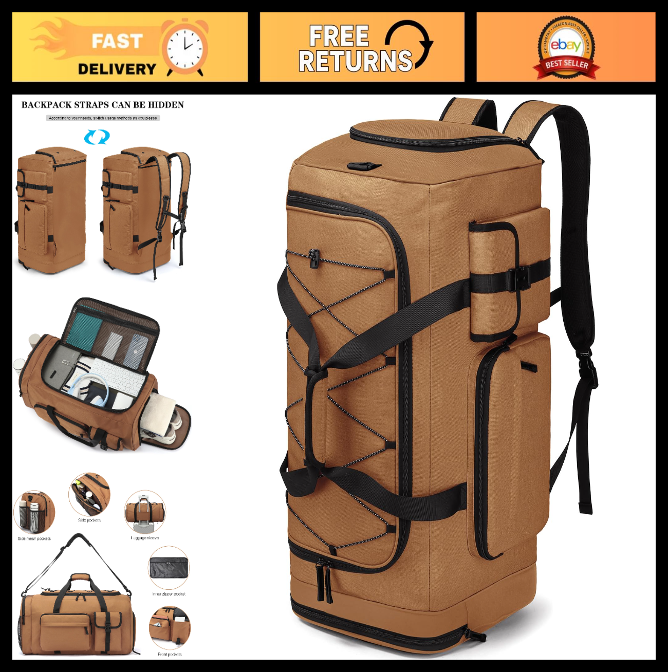 Large 70L Duffle Bag Backpack for Travel, Heavy Duty Gym Bag with Shoe Compartme0