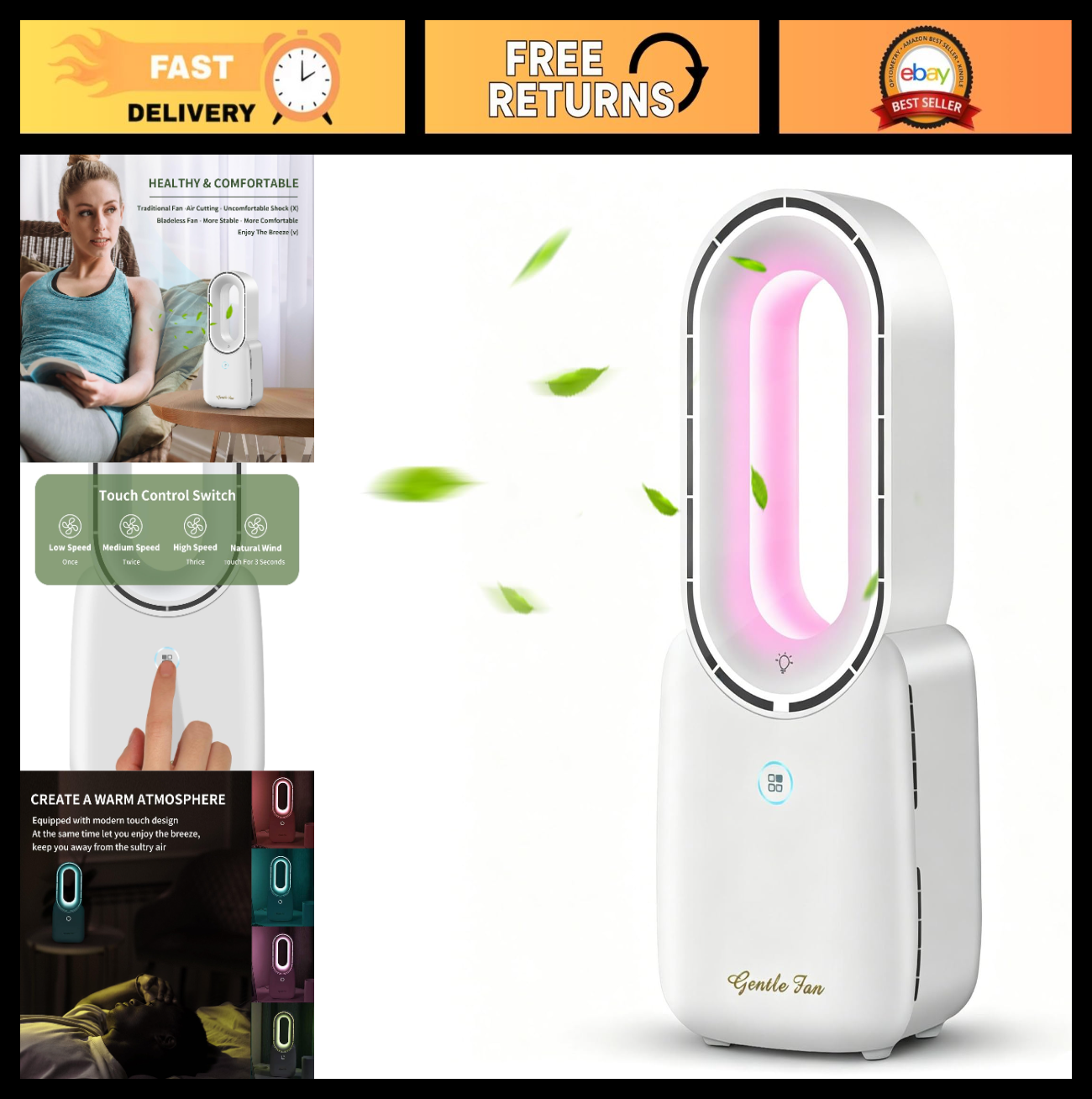 Rechargeable Bladeless Desk Fan 11.8”   5 Color Ambient Lights, Touch Control, Q0
