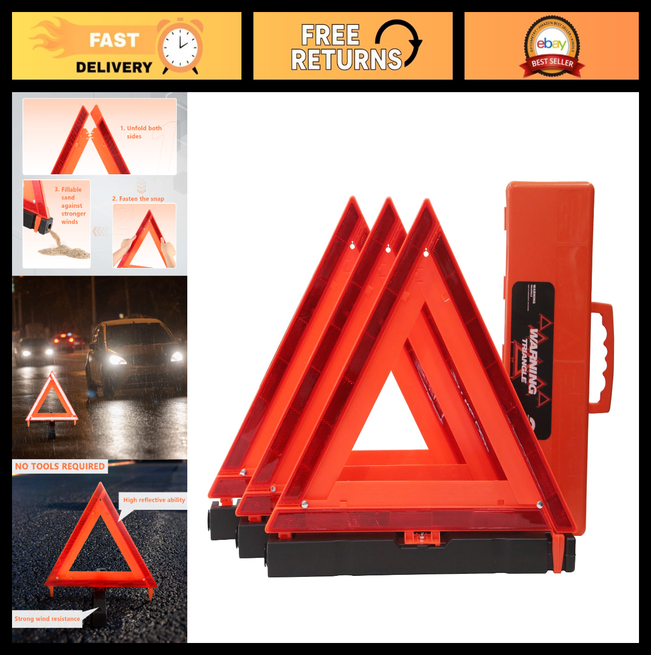 Emergency Reflective Triangles   DOT Approved Safety Warning Triangles (3 Pack)0