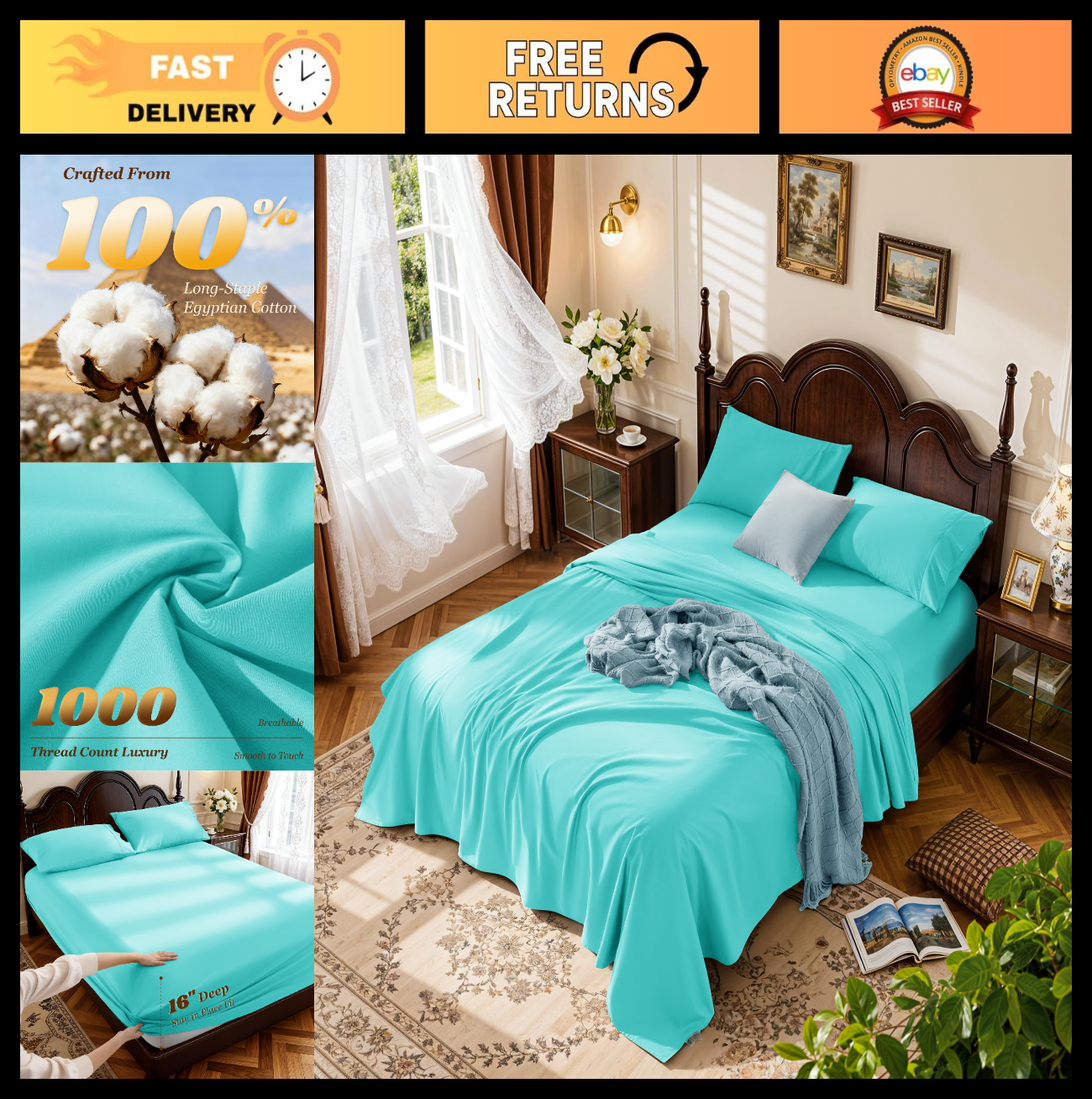 1000 Thread Count 100% Cotton King Size Sheet Set, 4 Piece, Deep Pocket, Soft &0