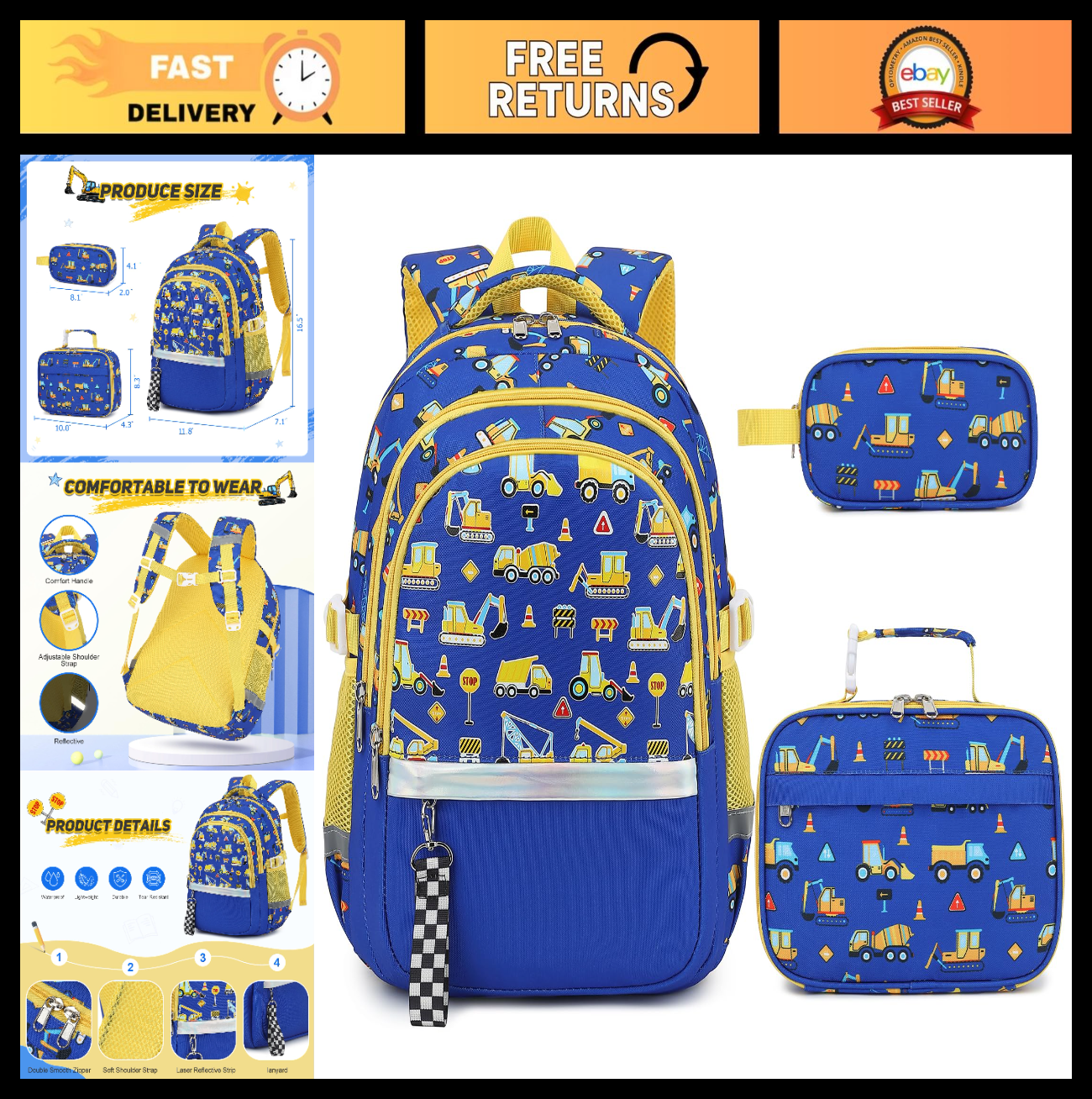 Luminous Backpack Set for Boys   3PCS with Lunch Box & Pencil Case, School Gear0