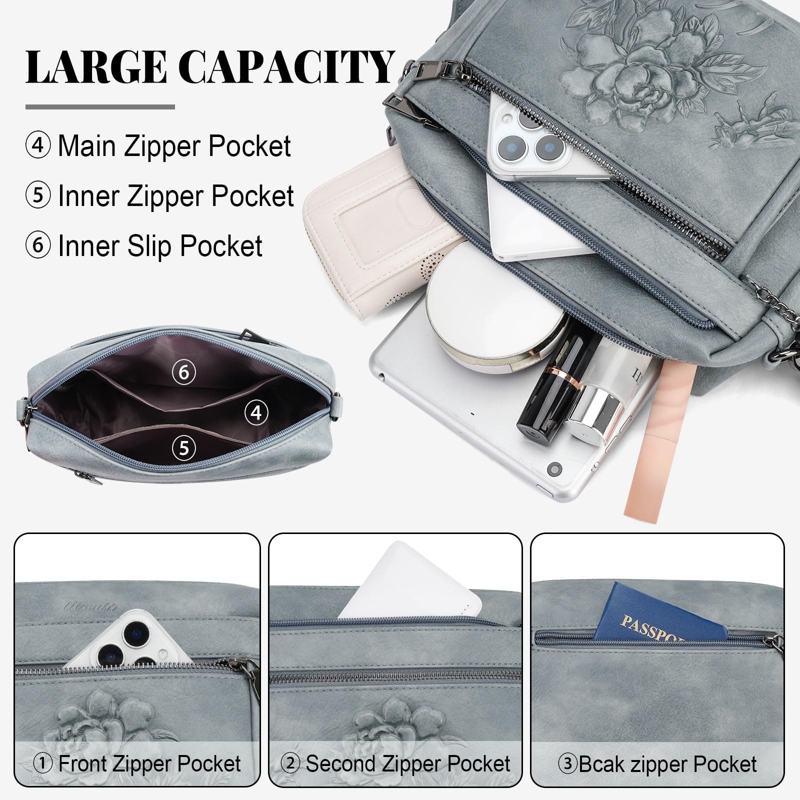 Vegan Leather Crossbody Bag for Women, Embossed Stylish Purse, Fashion Handbag3