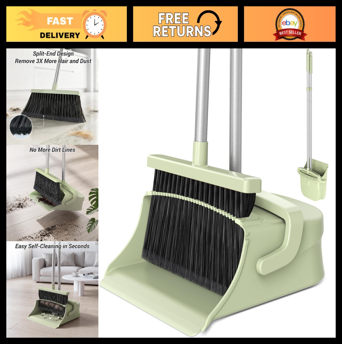 Pet Hair & Dust Broom with Dustpan Set - Long Handle Self-Cleaning for Home, Off0