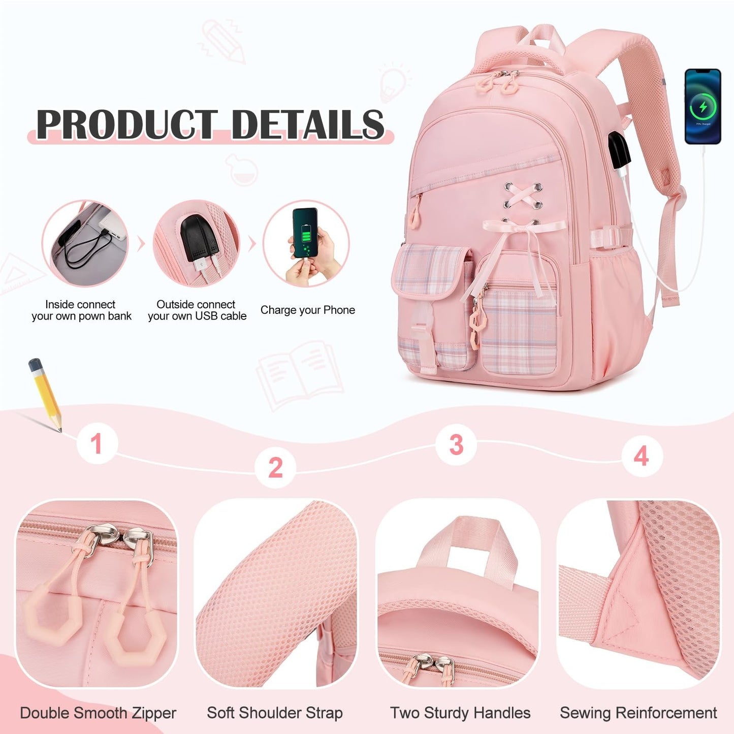6PCS Girls Backpack Set with Lunch Bag, Bento Box & Pencil Pouch   Plaid School3