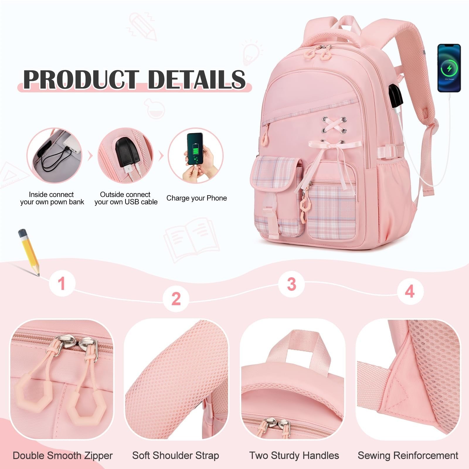 6PCS Girls Backpack Set with Lunch Bag, Bento Box & Pencil Pouch   Plaid School3