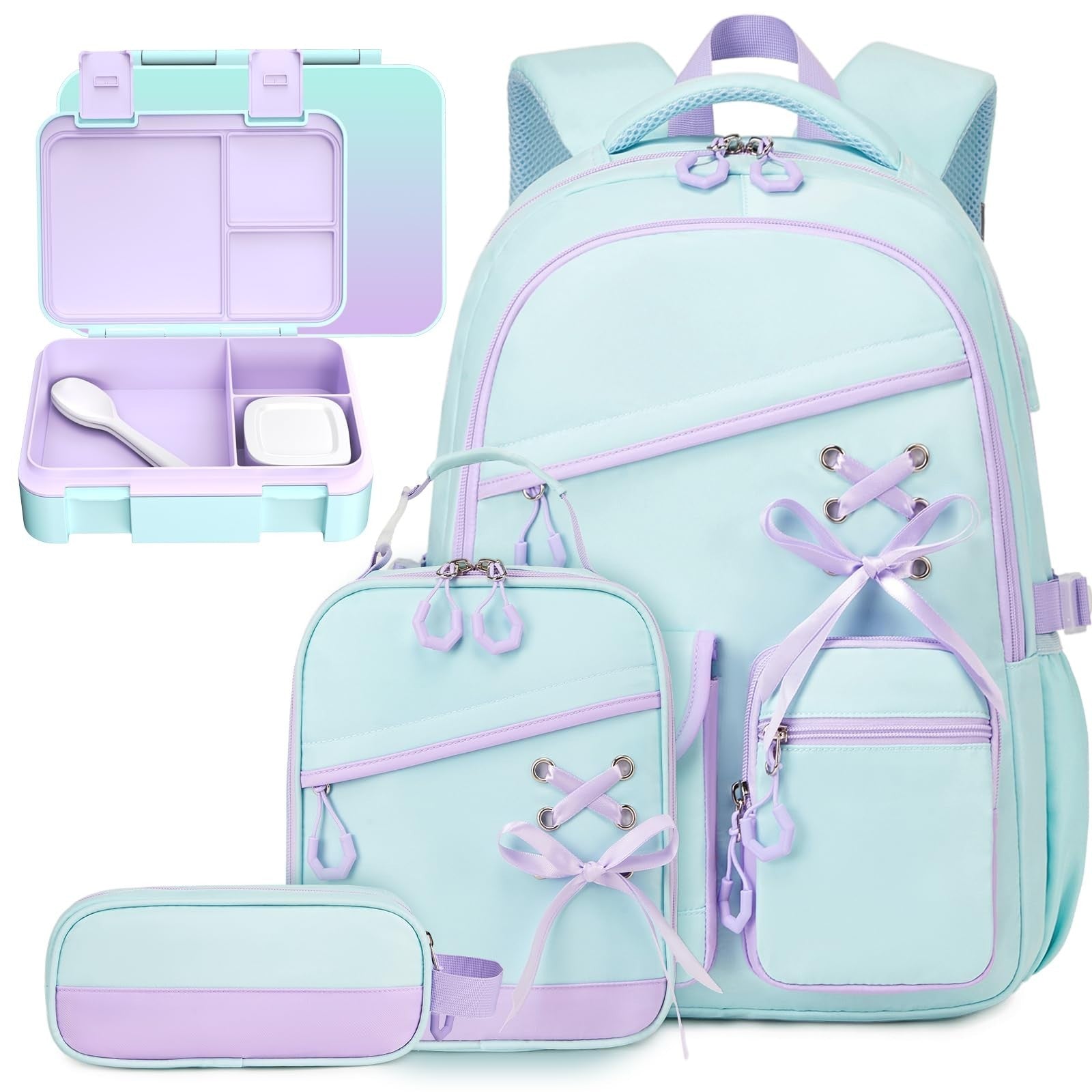 Girls' Backpacks Set   6PCS with Bento Box, Lunch Bag & Pencil Pouch   Aquamarin1