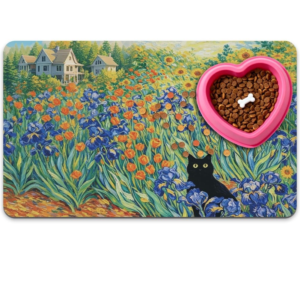 Floral Cat Dog Feeding Mat 12"x20" - Non-Slip, Quick-Dry, Absorbent Floor Protec1