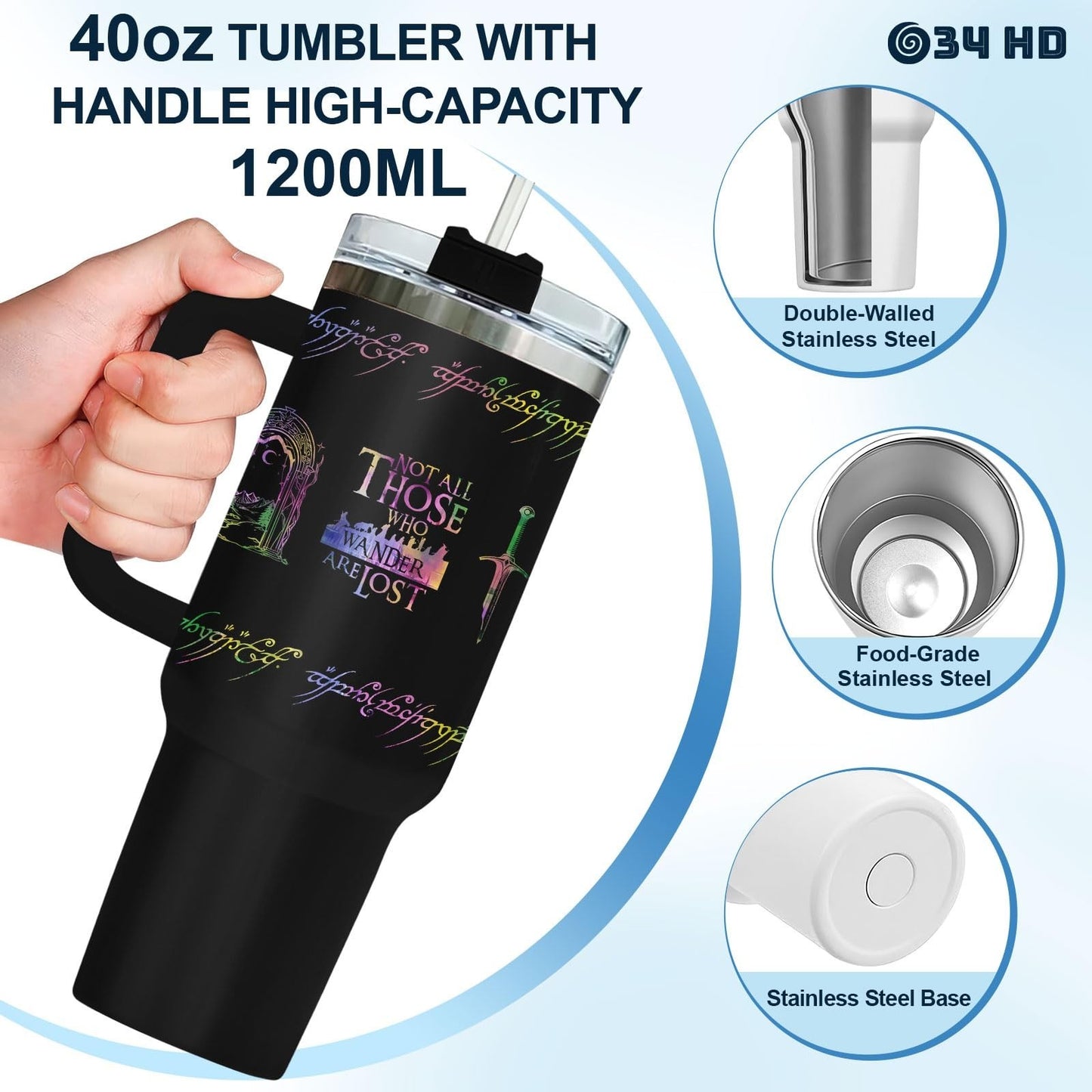 40oz Insulated Travel Mug with Handle & Straw   Fantasy Wanderer Tumbler, Bookis8