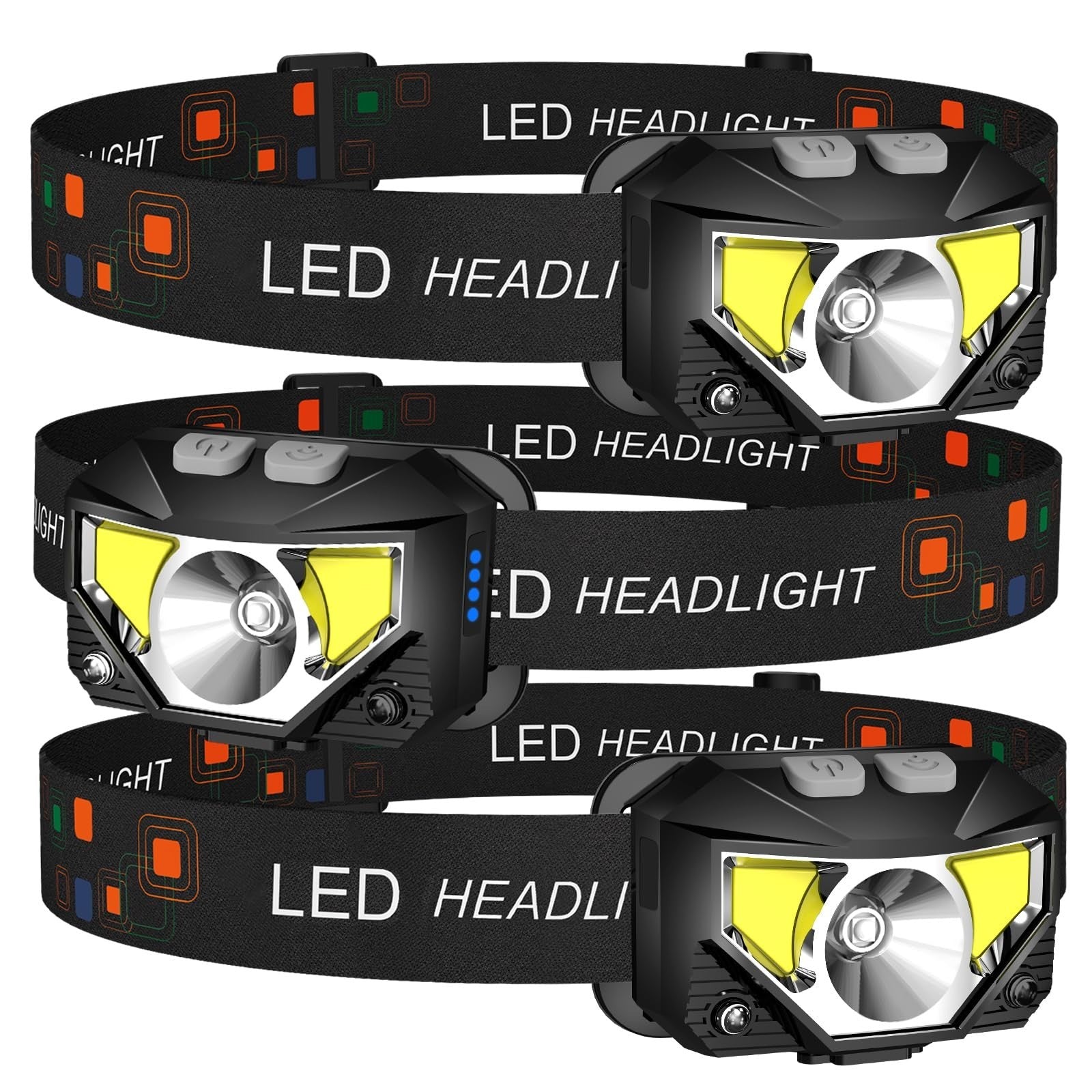 Ultra Bright LED Headlamp Flashlight 3 Pack, Rechargeable, Waterproof, 8 Modes f0