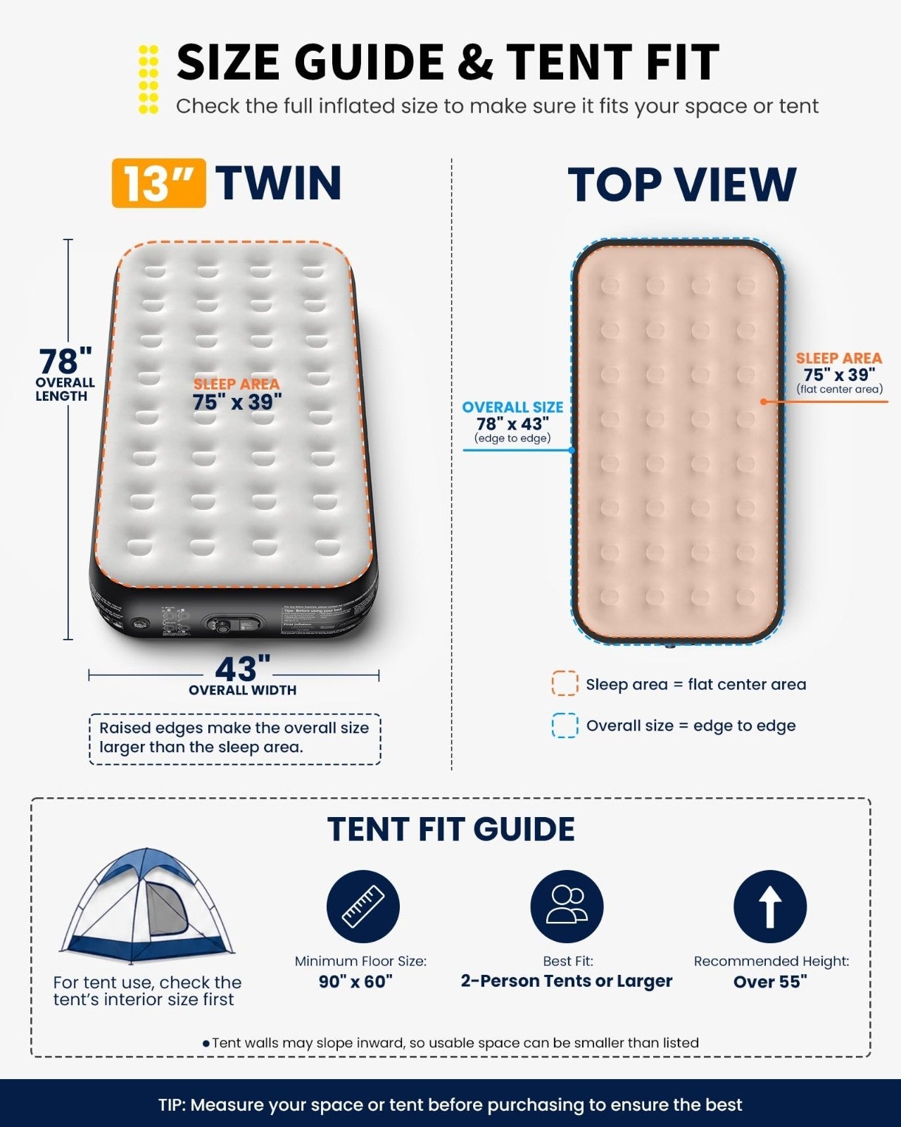 13" Raised Twin Air Mattress with Built in Pump, Inflatable Bed for Home & Campi2