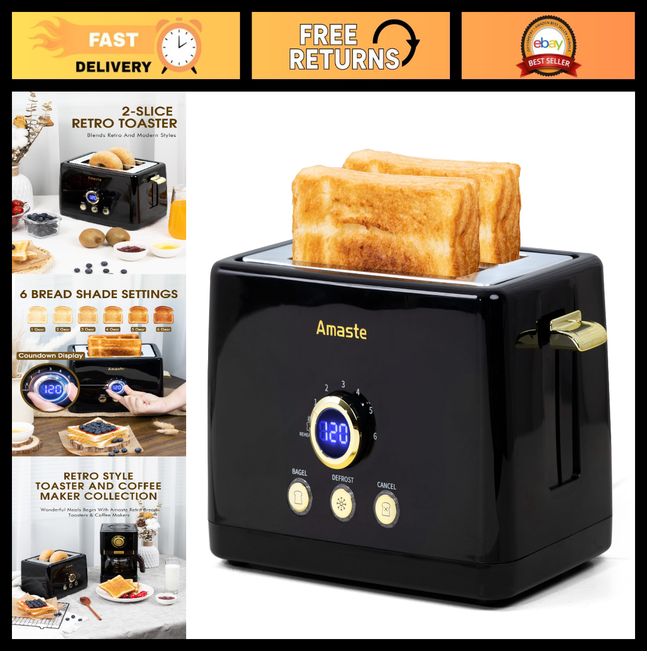 Retro 2 Slice Toaster with LED Display, Extra Wide Slots, 6 Shade Settings, Bage0