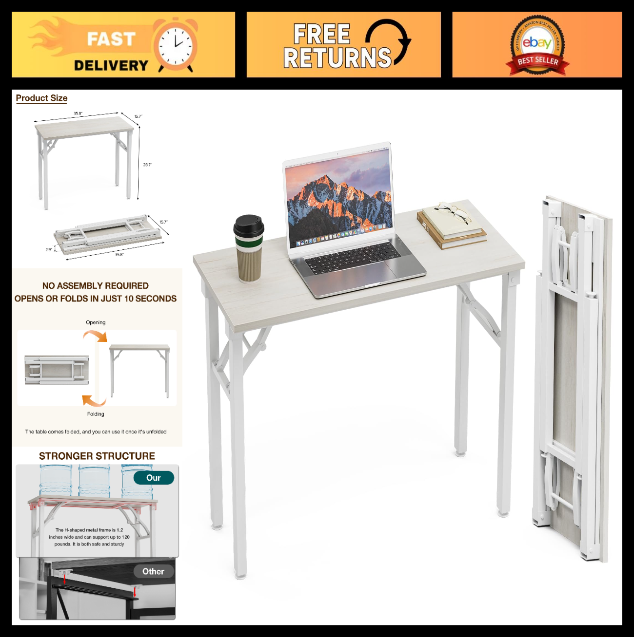 Compact Folding Desk for Small Spaces - 35.8" Portable Office Table, No Assembly0