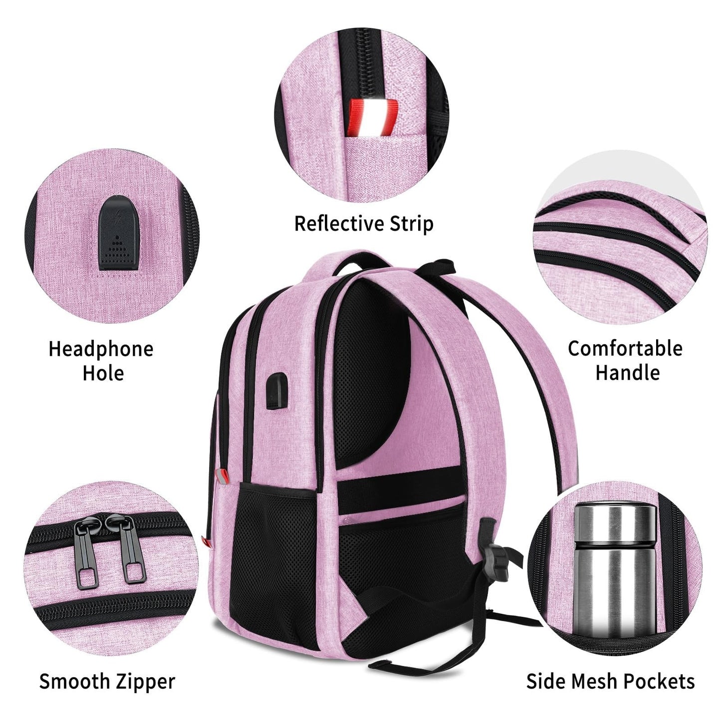 Pink Backpack for Women, USB Charging School Bag for Girls, Fits 15.6" Laptop5