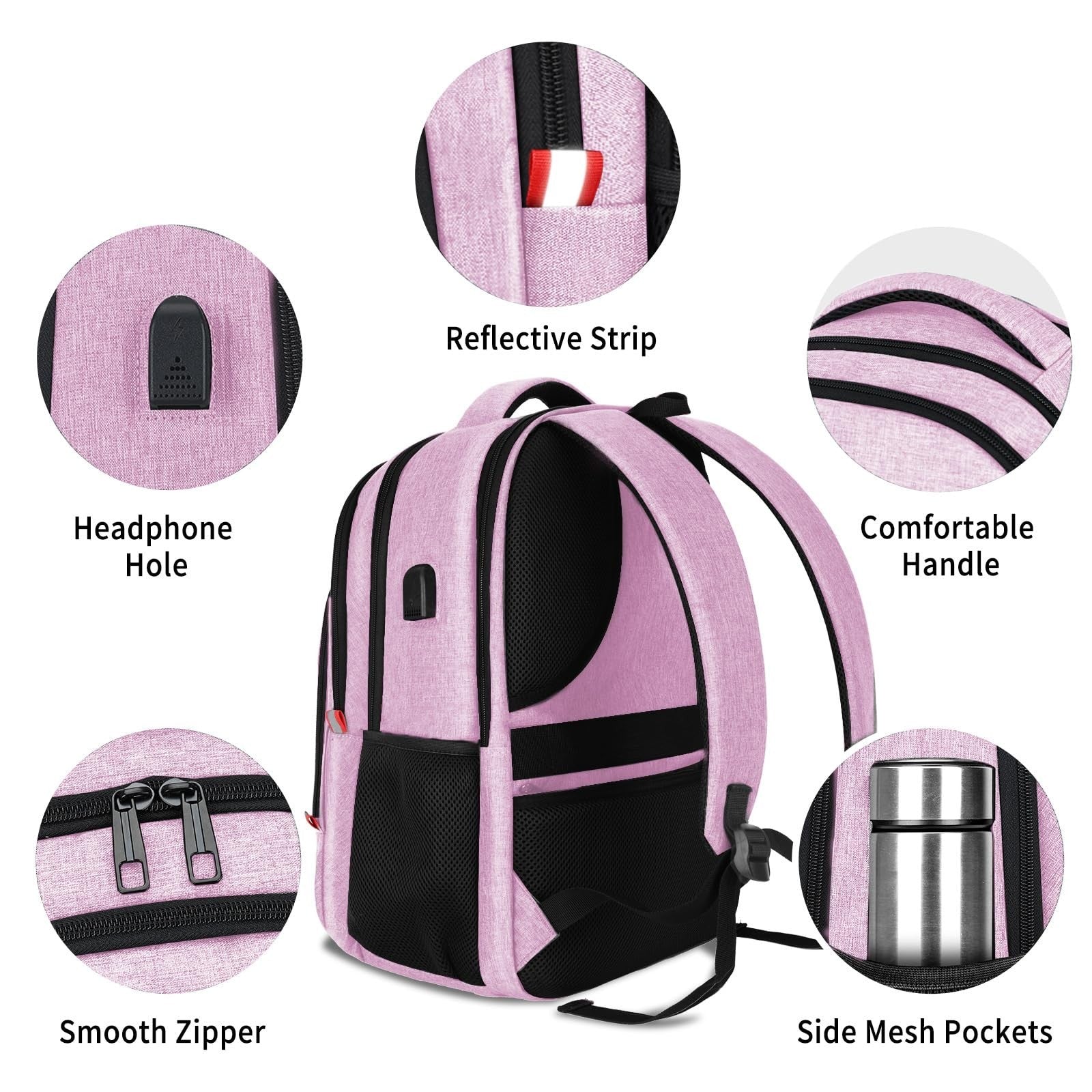 Pink Backpack for Women, USB Charging School Bag for Girls, Fits 15.6" Laptop5