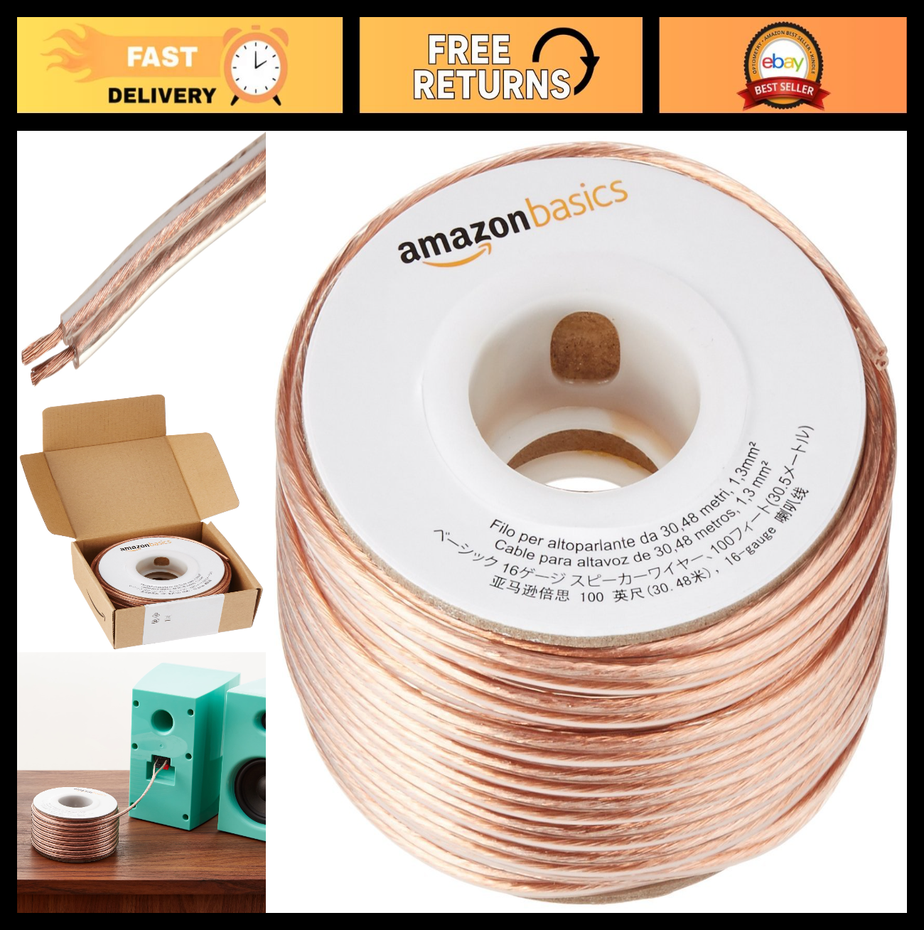 16 Gauge Speaker Wire Cable, 100ft, Polarity Marked, High Quality Audio Connecti0