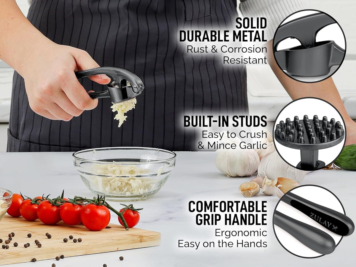 Premium Garlic Press Set   Rust Proof Mincer Tool, Easy Squeeze, Ergonomic Handl7