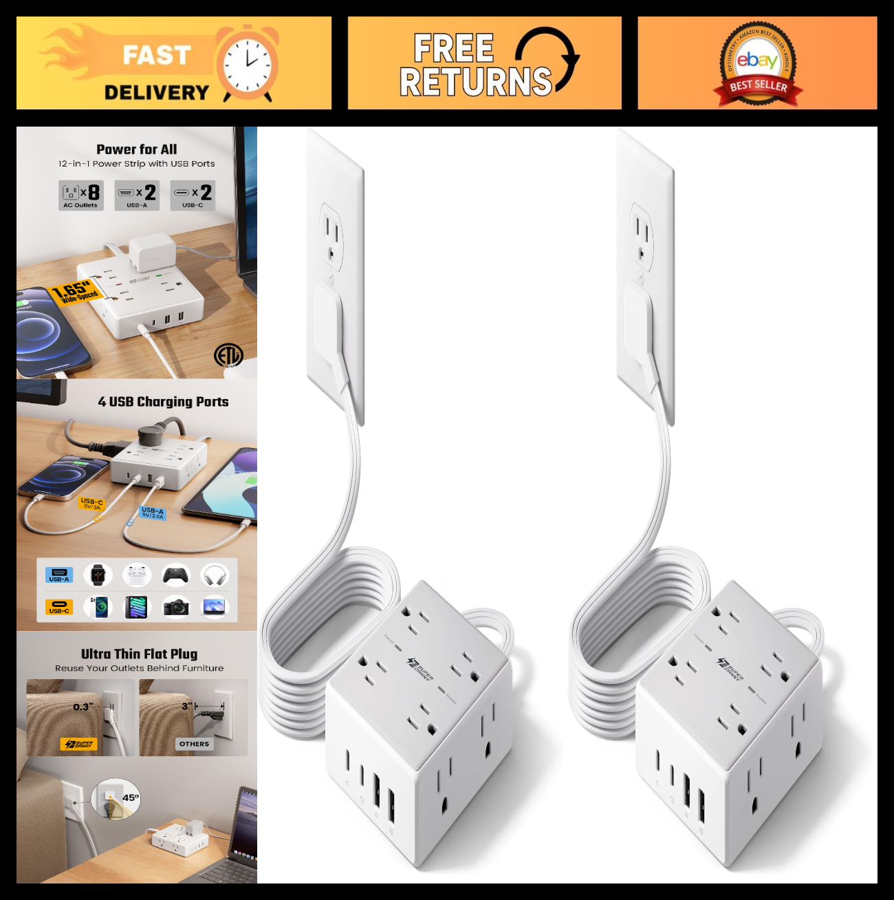 6Ft Flat Plug Extension Cord Surge Protector Power Strip   2 Pack, Heavy Duty0