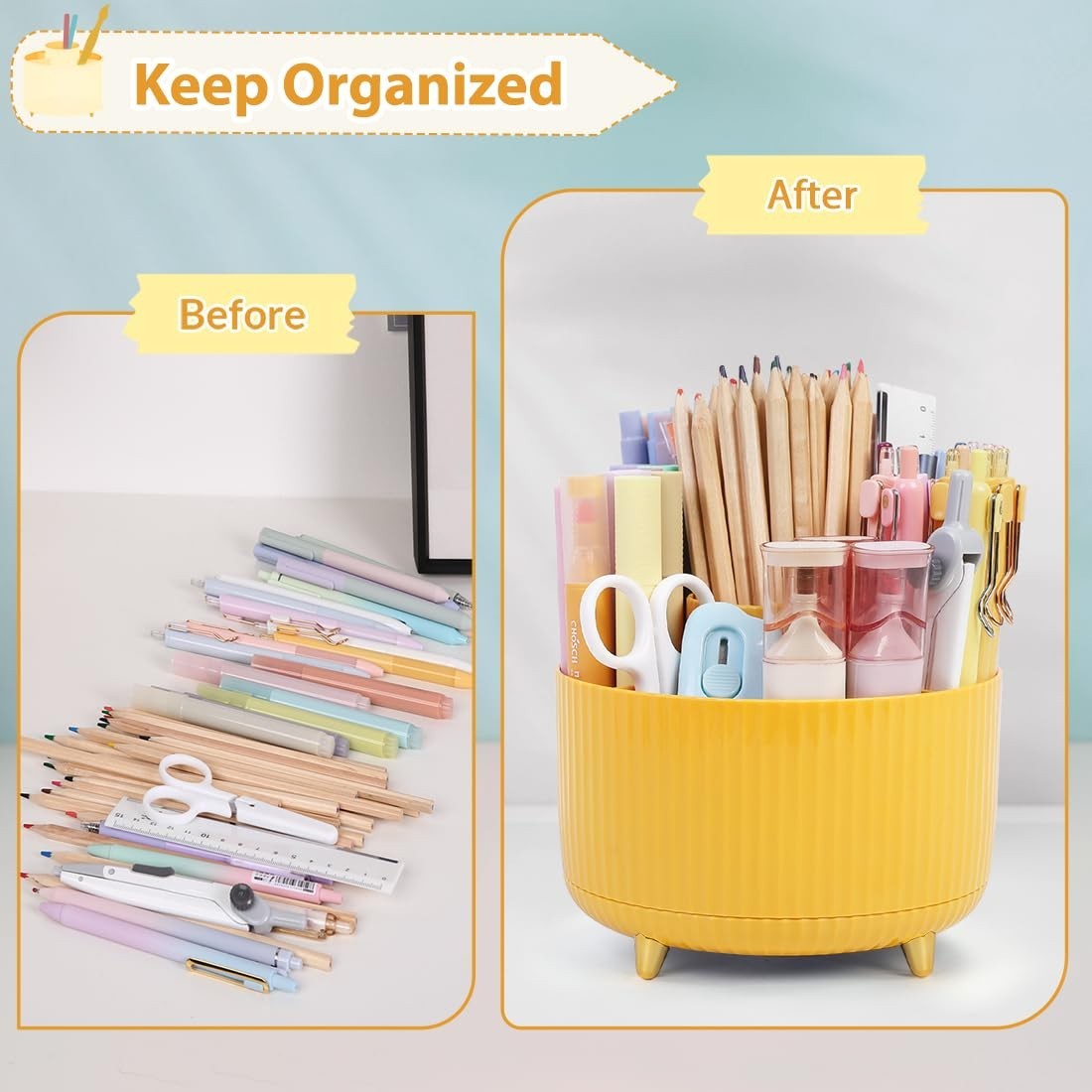 360° Rotating Desk Organizer   Dual Purpose Pen Holder with 5 Slots for Office,4